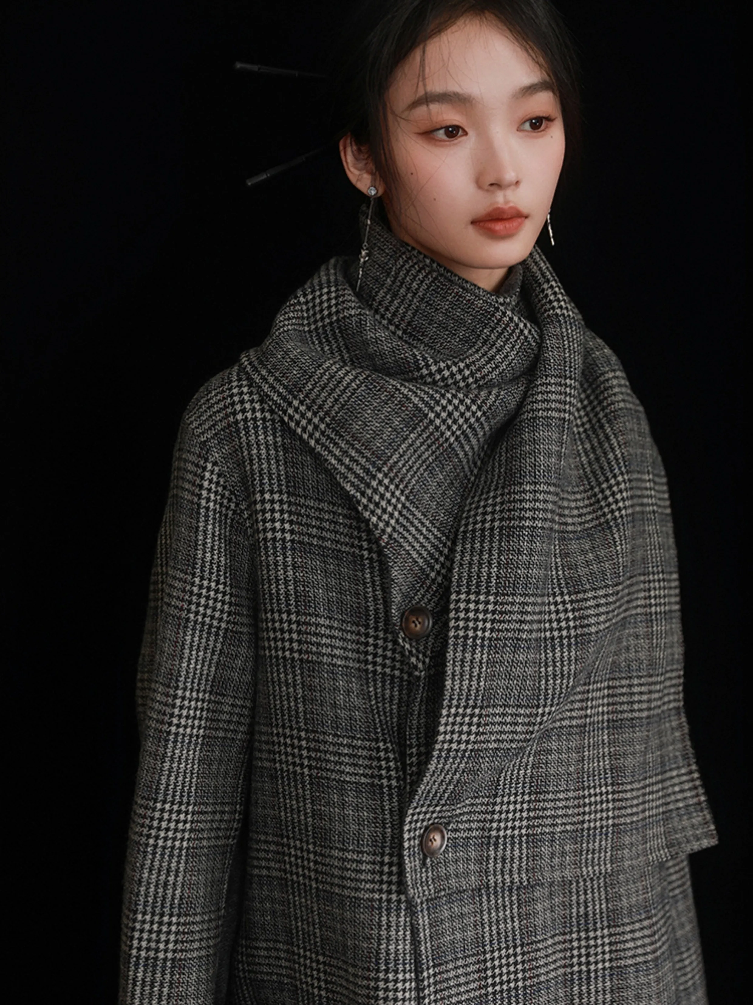 Houndstooth Stole Design Woolen Coat