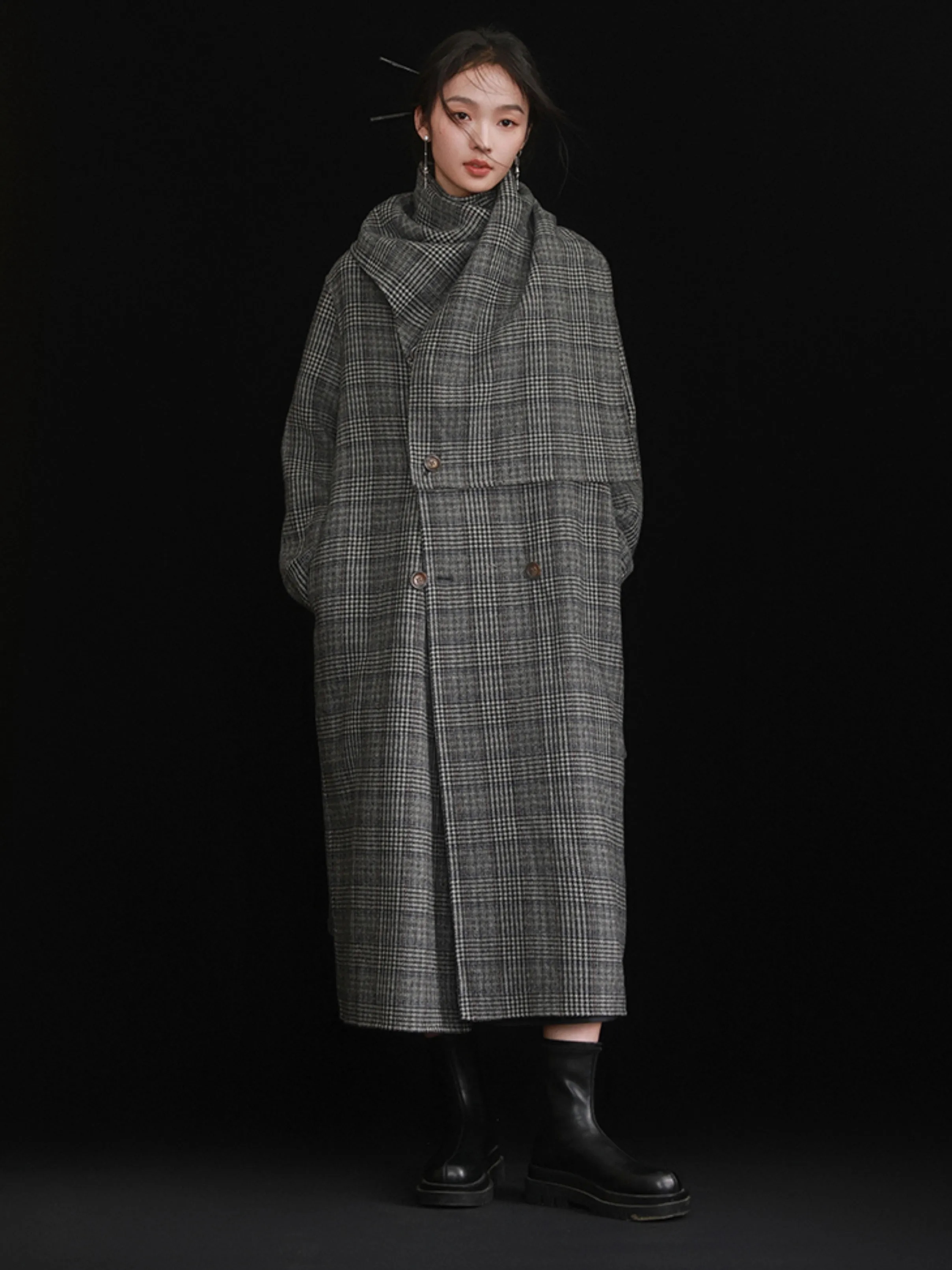 Houndstooth Stole Design Woolen Coat