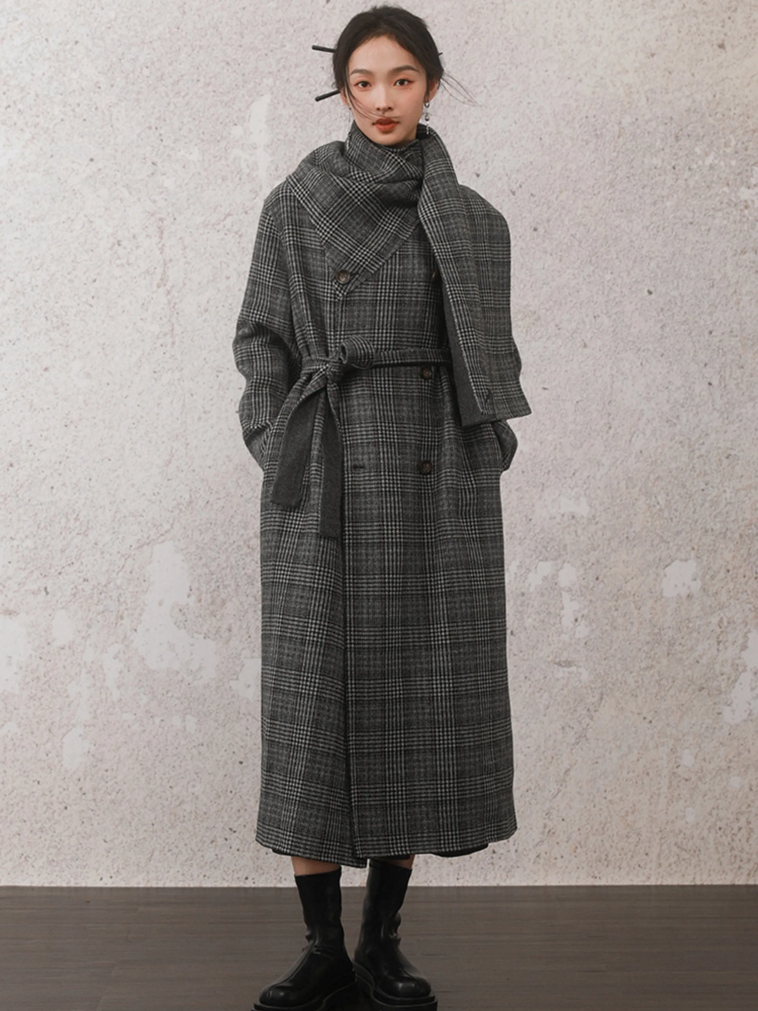 Houndstooth Stole Design Woolen Coat