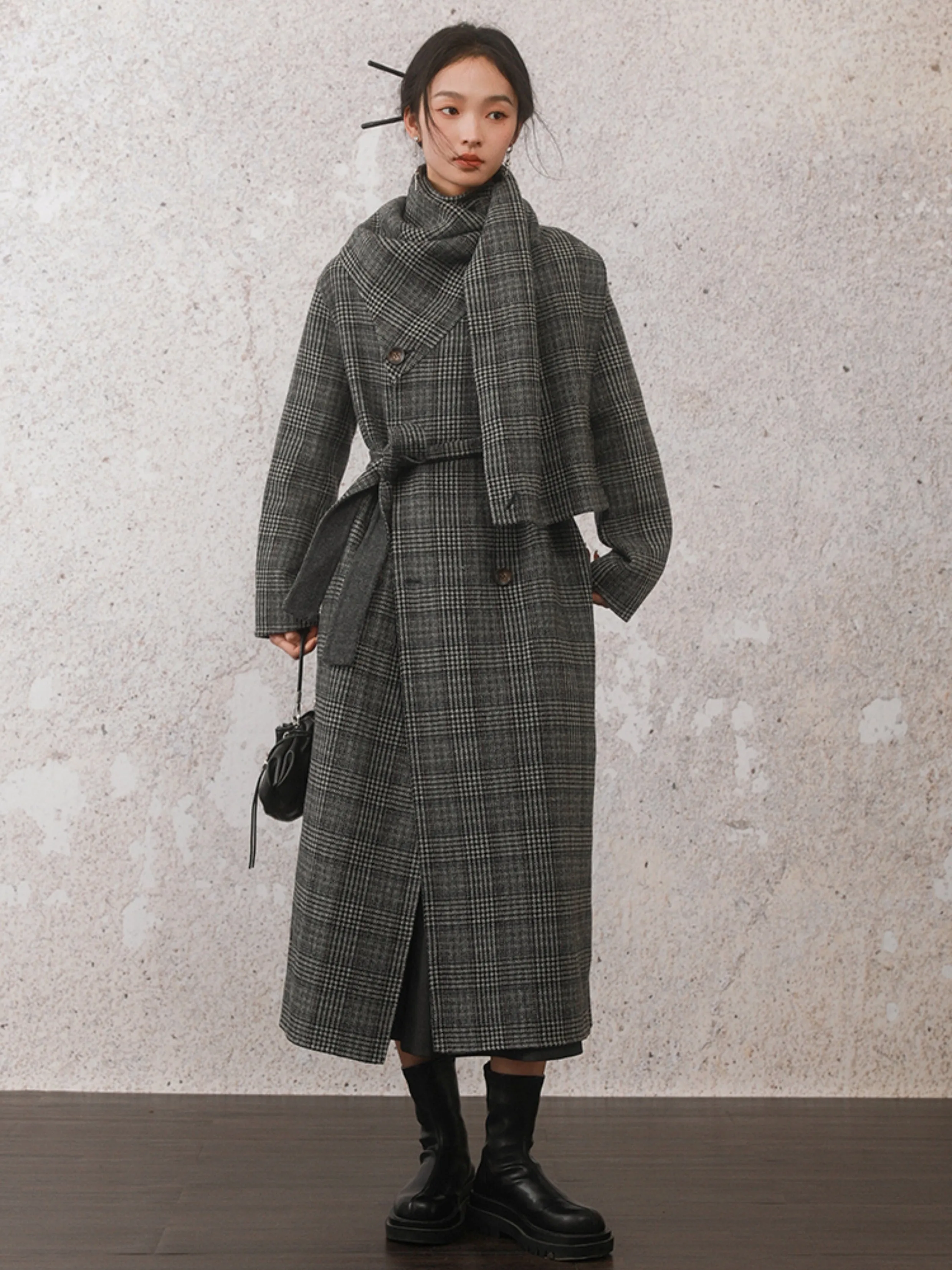 Houndstooth Stole Design Woolen Coat