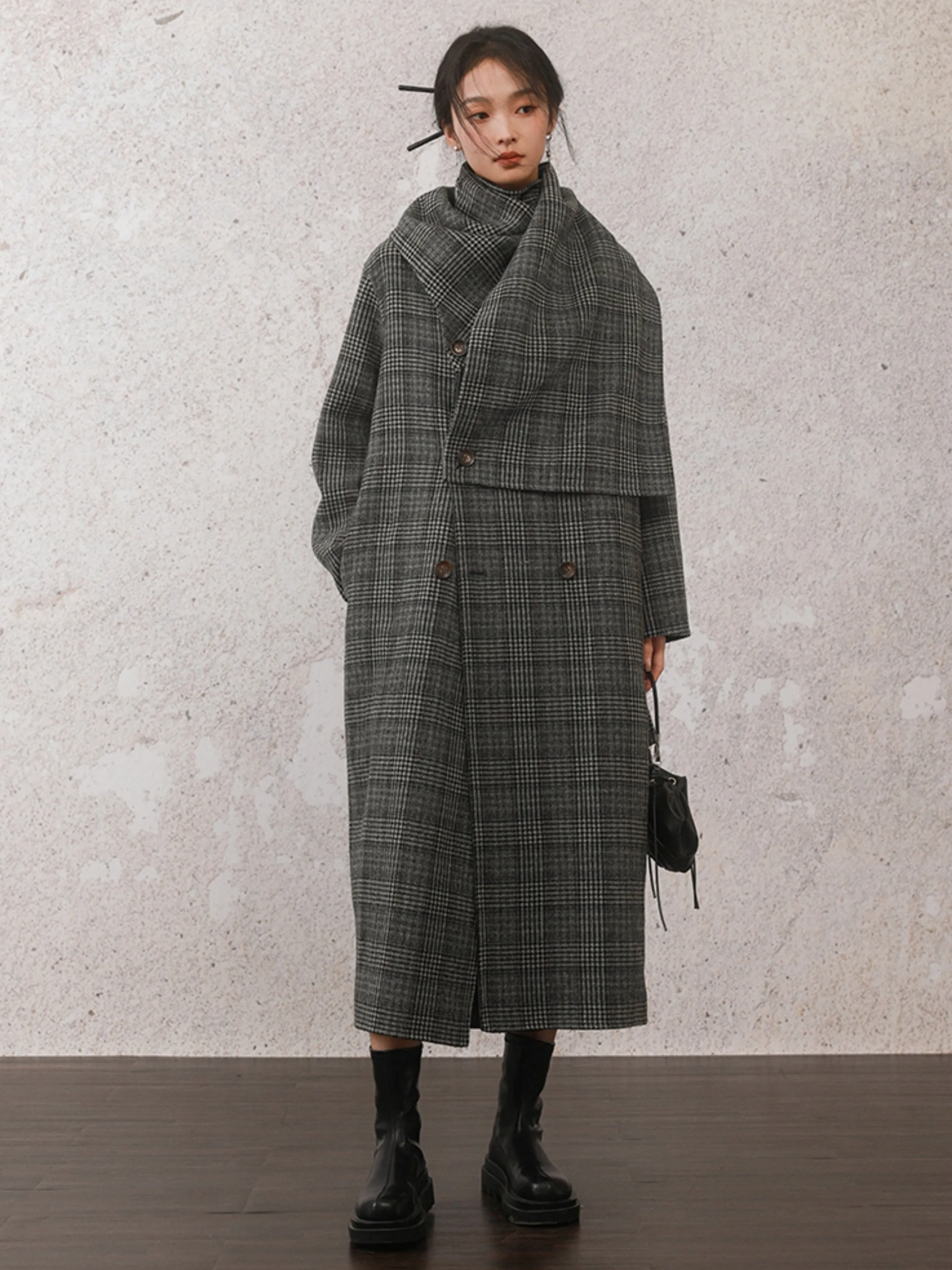 Houndstooth Stole Design Woolen Coat