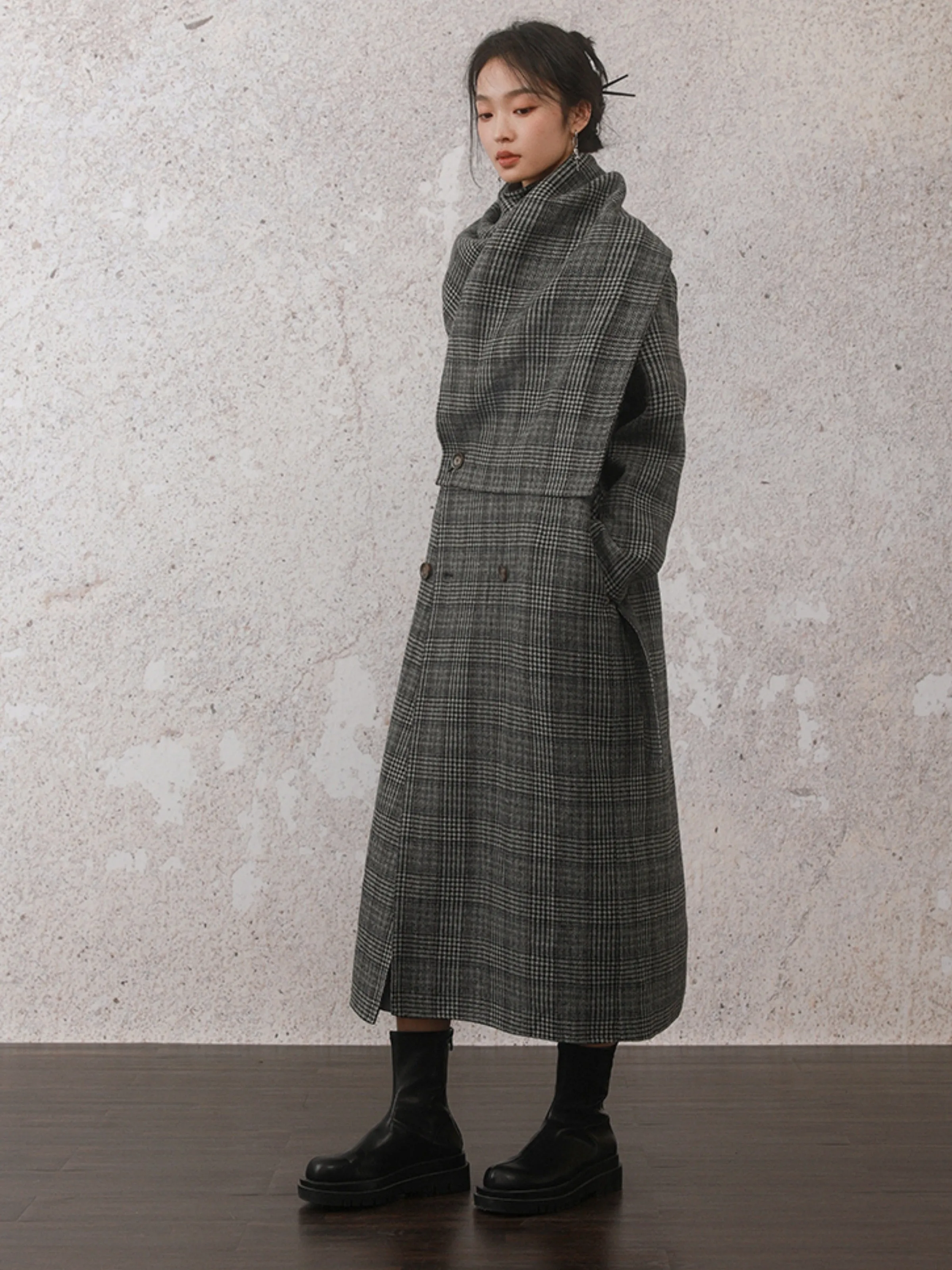 Houndstooth Stole Design Woolen Coat