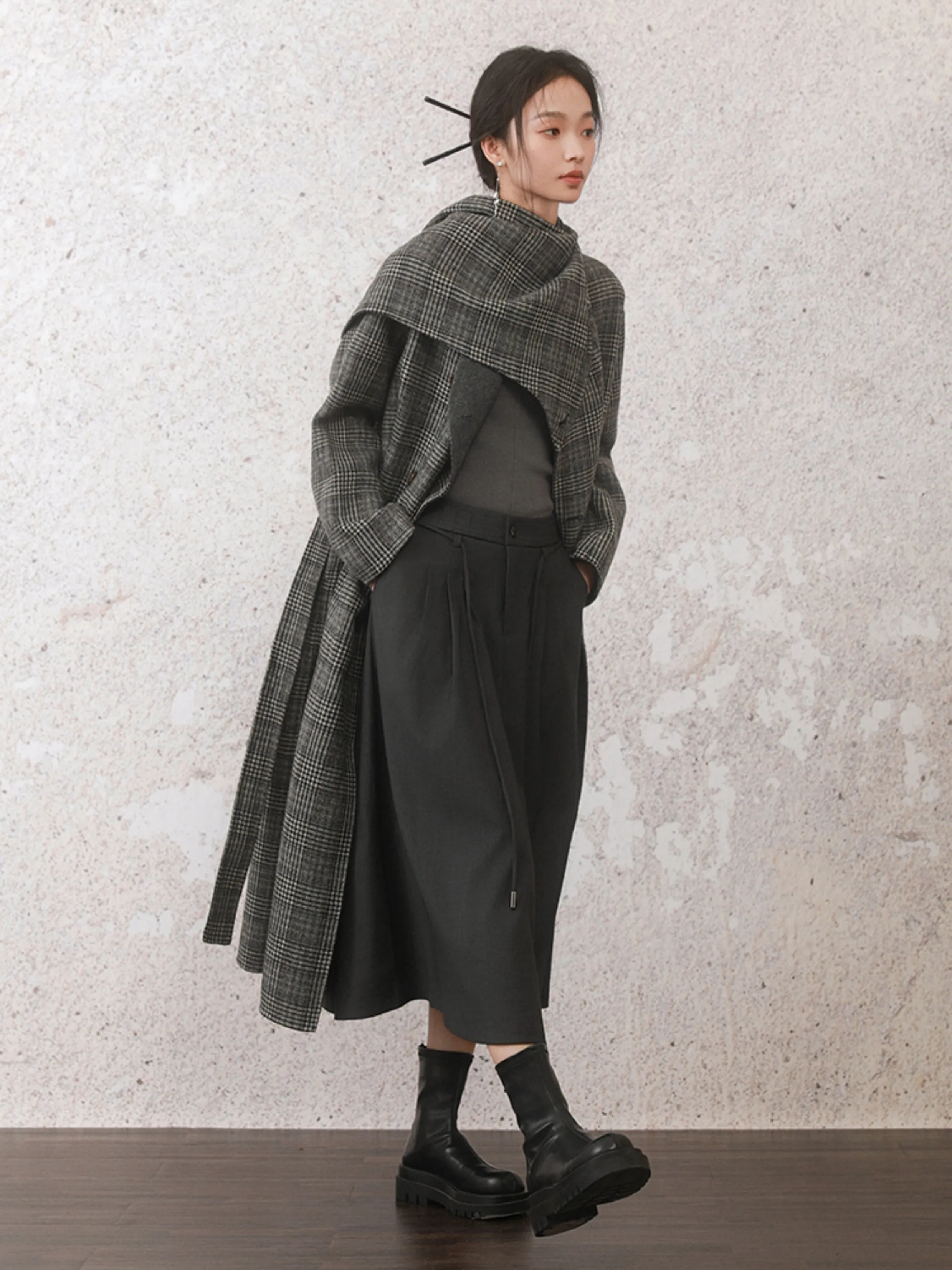 Houndstooth Stole Design Woolen Coat