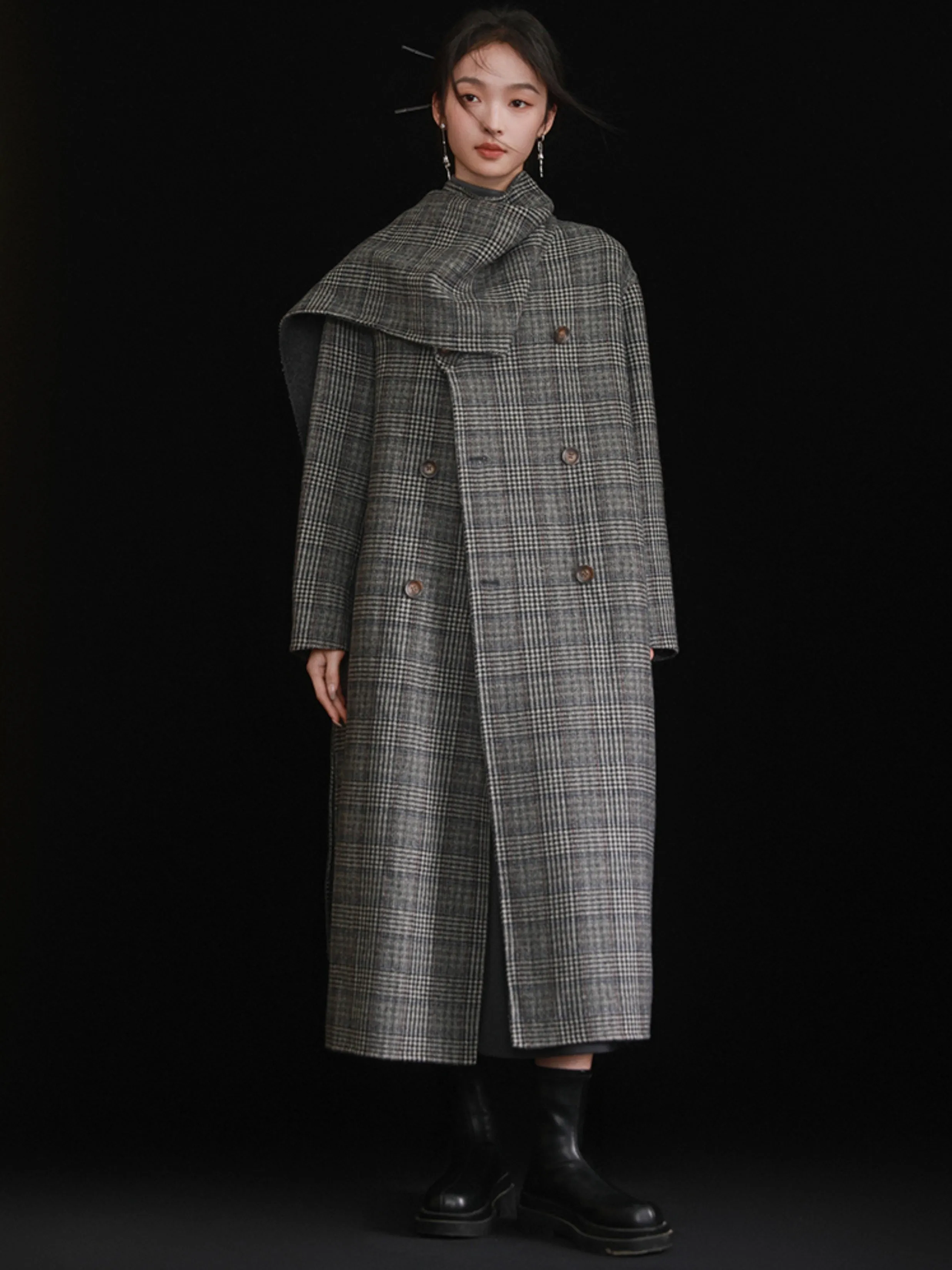 Houndstooth Stole Design Woolen Coat