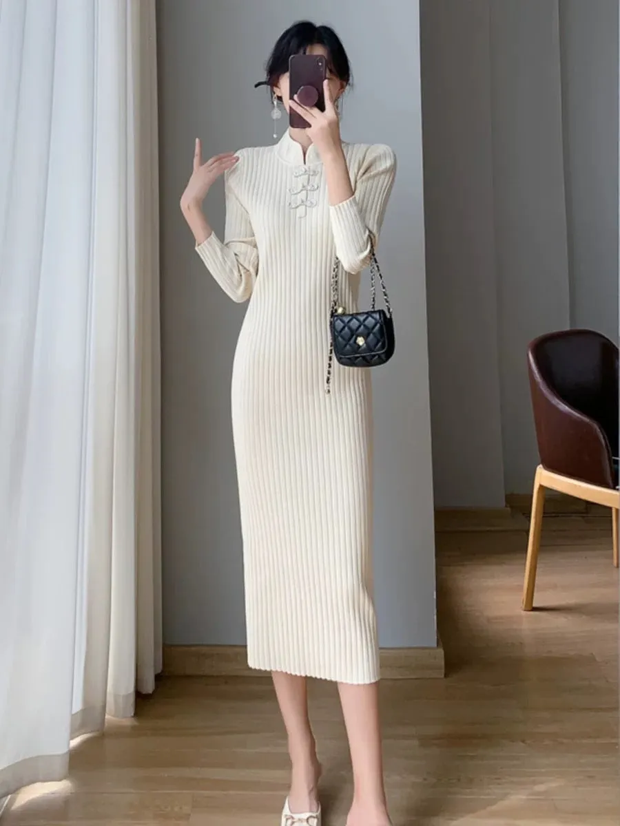 Improved version of cheongsam knitted dress for women autumn and winter 2023 new slim fit with coat, sweater and skirt