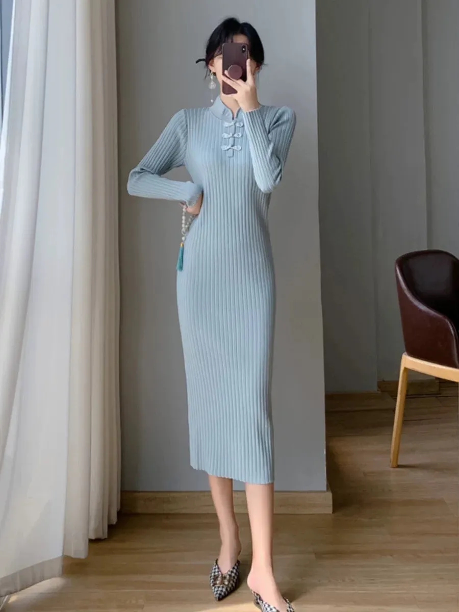 Improved version of cheongsam knitted dress for women autumn and winter 2023 new slim fit with coat, sweater and skirt