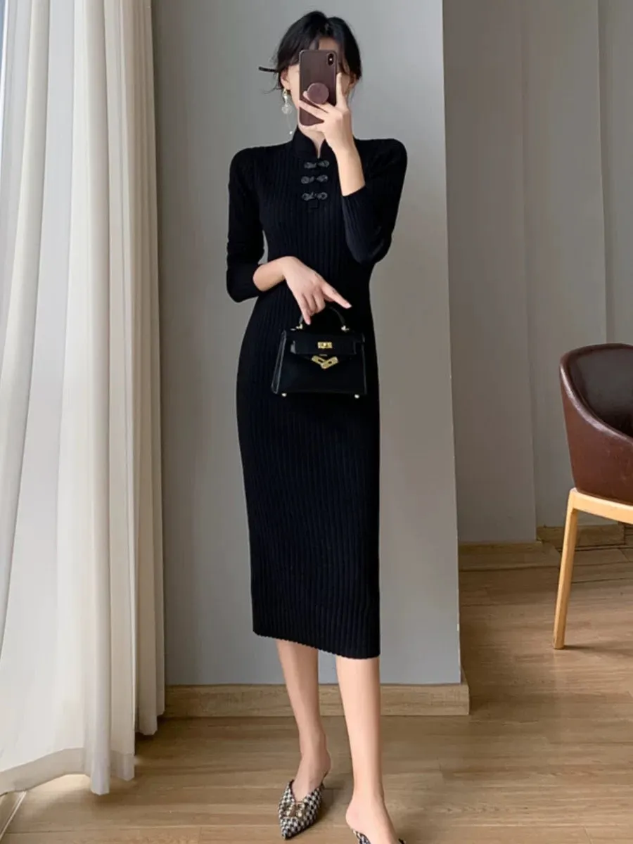 Improved version of cheongsam knitted dress for women autumn and winter 2023 new slim fit with coat, sweater and skirt