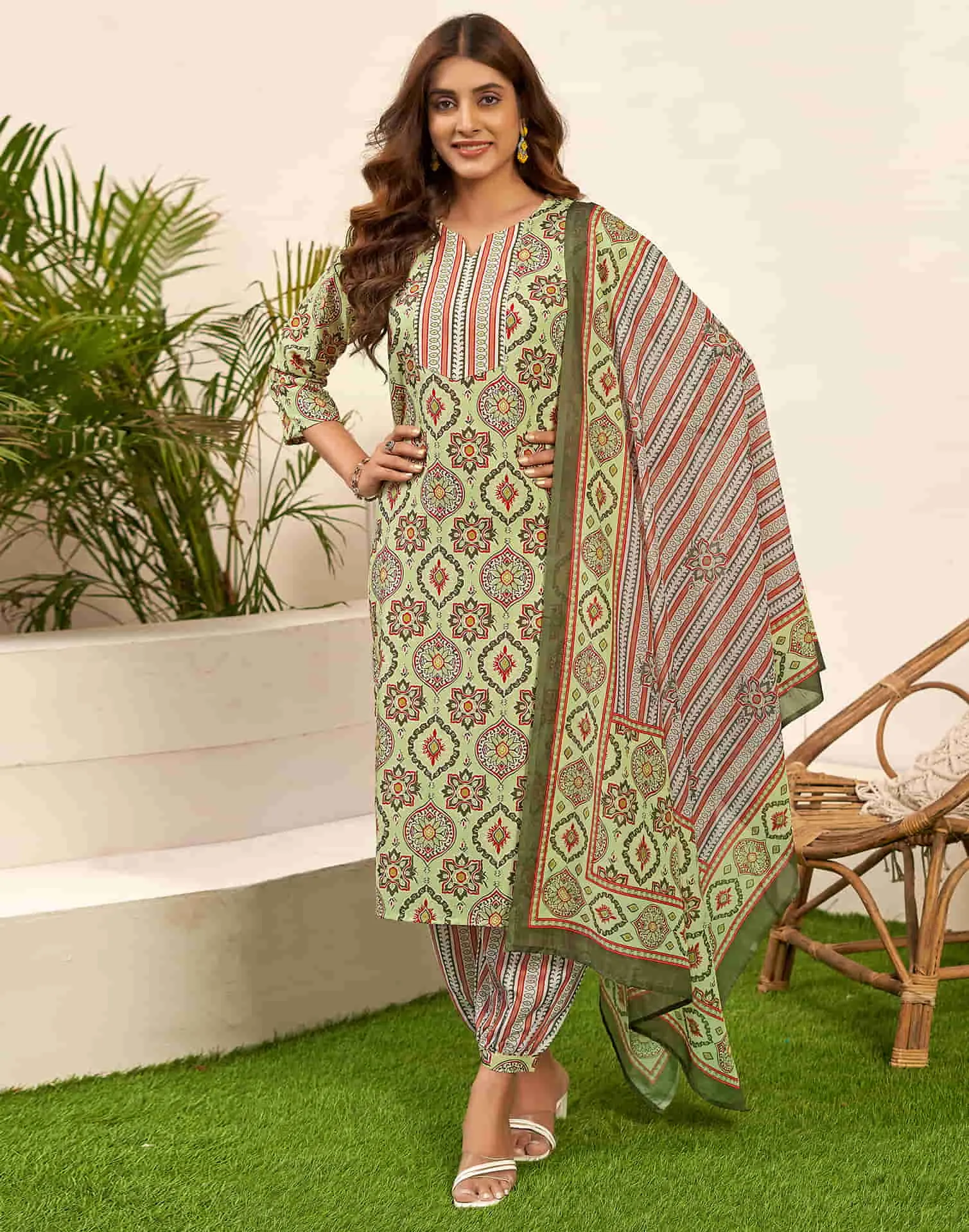 Light Green Printed Rayon Straight Kurta With Pant And Dupatta