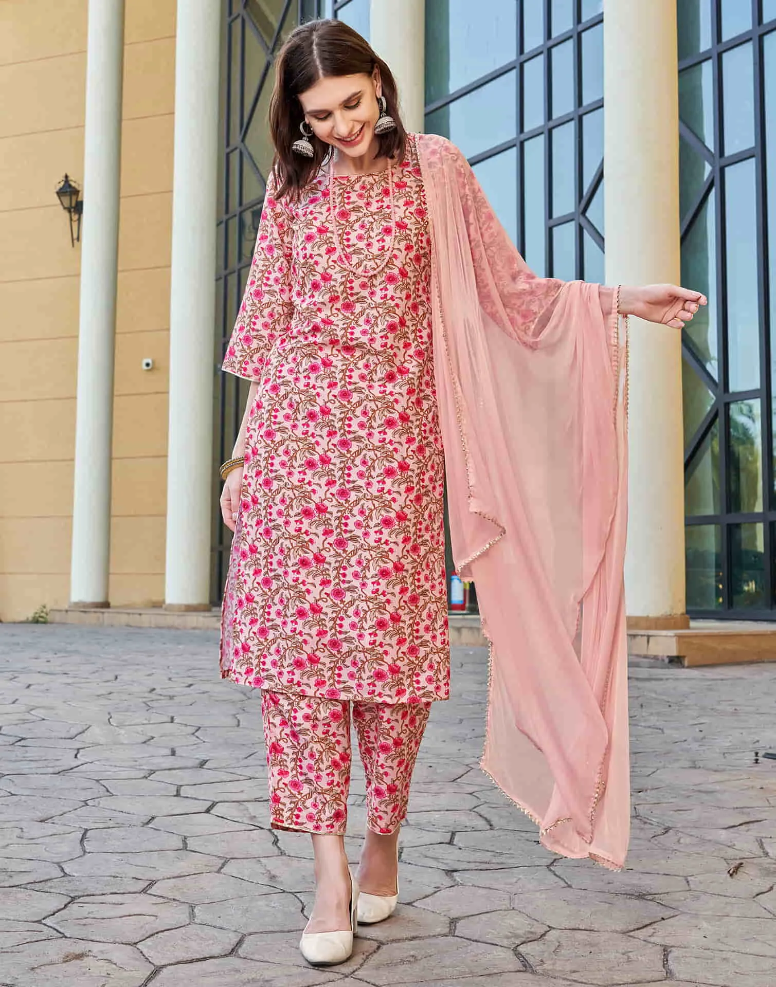 Light Pink Printed Rayon Straight Kurta With Pant And Dupatta