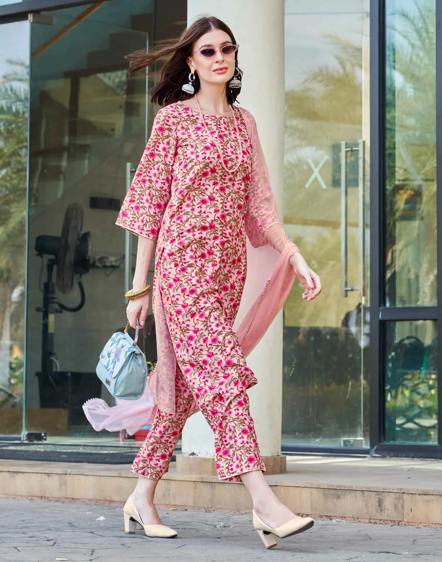 Light Pink Printed Rayon Straight Kurta With Pant And Dupatta