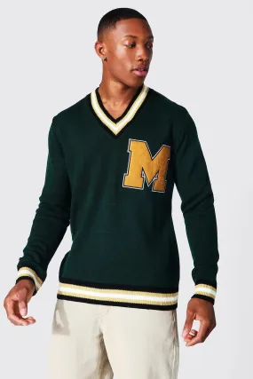 M Towelling Badge Varsity V Neck Sweater