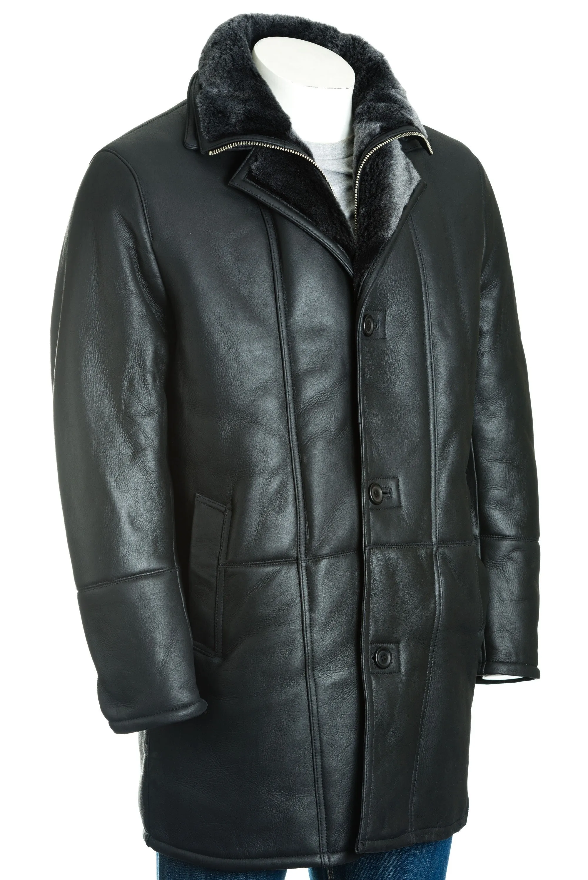 Men's Black Smart Leather Finish Sheepskin Shearling Coat: Samuele