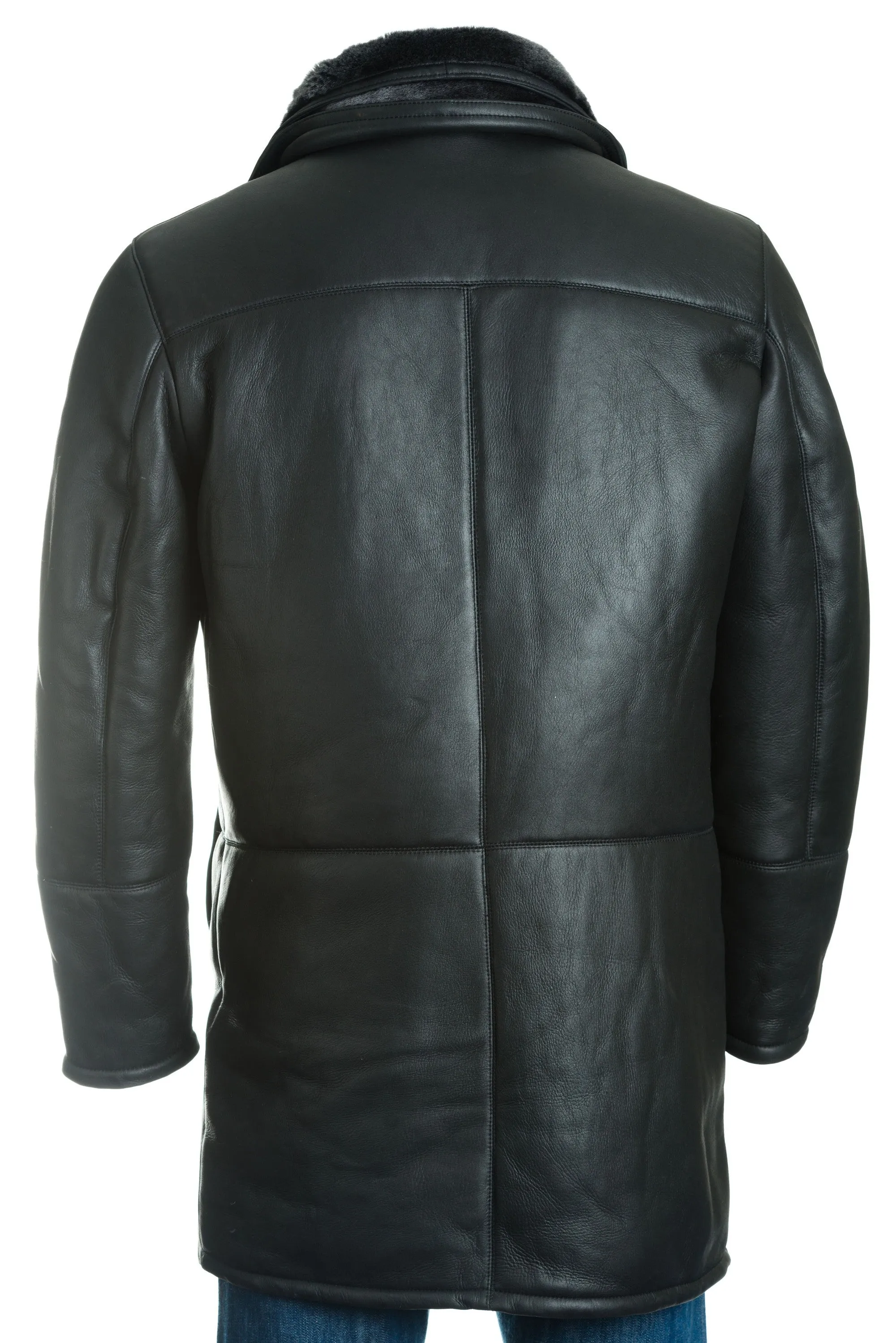 Men's Black Smart Leather Finish Sheepskin Shearling Coat: Samuele