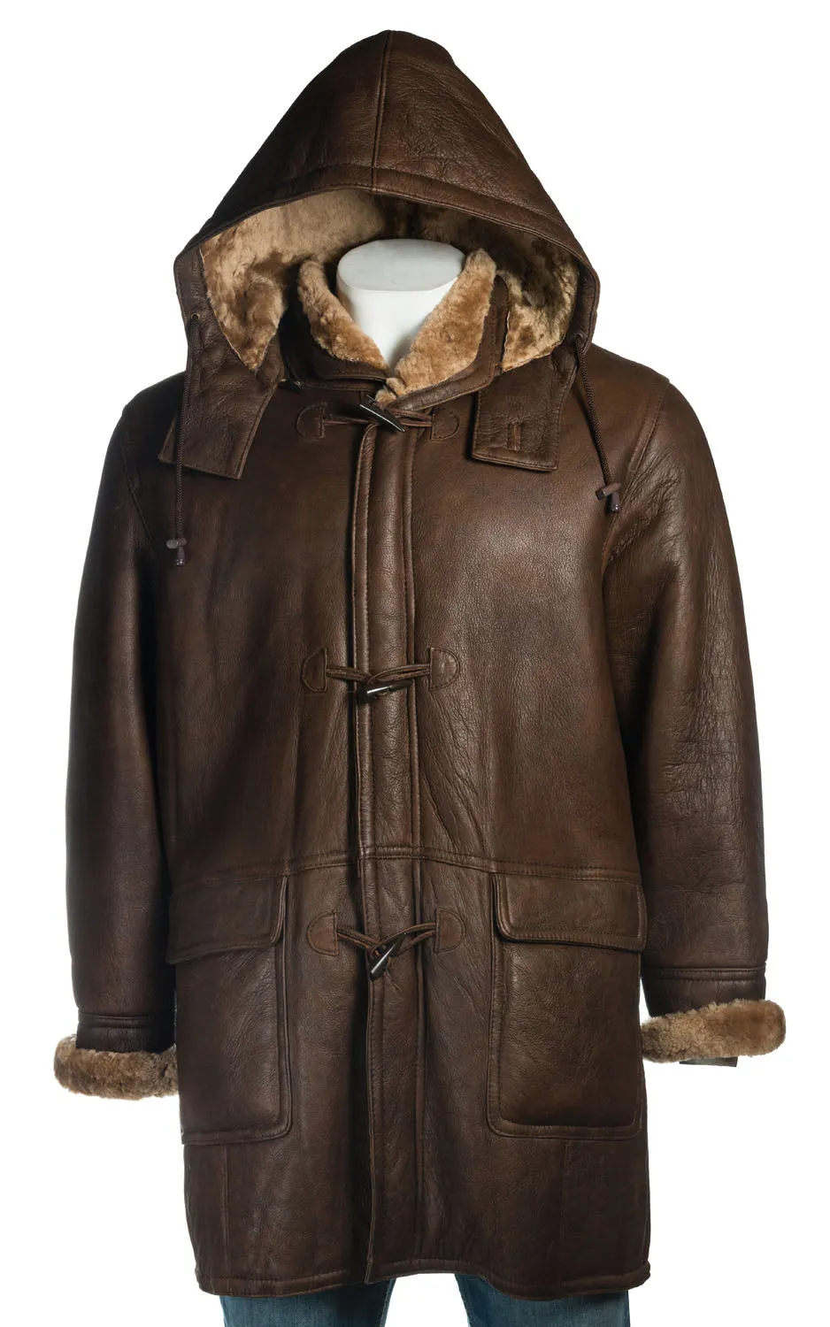 Men's Brown Duffle Style Shearling Sheepskin Coat: Felipe