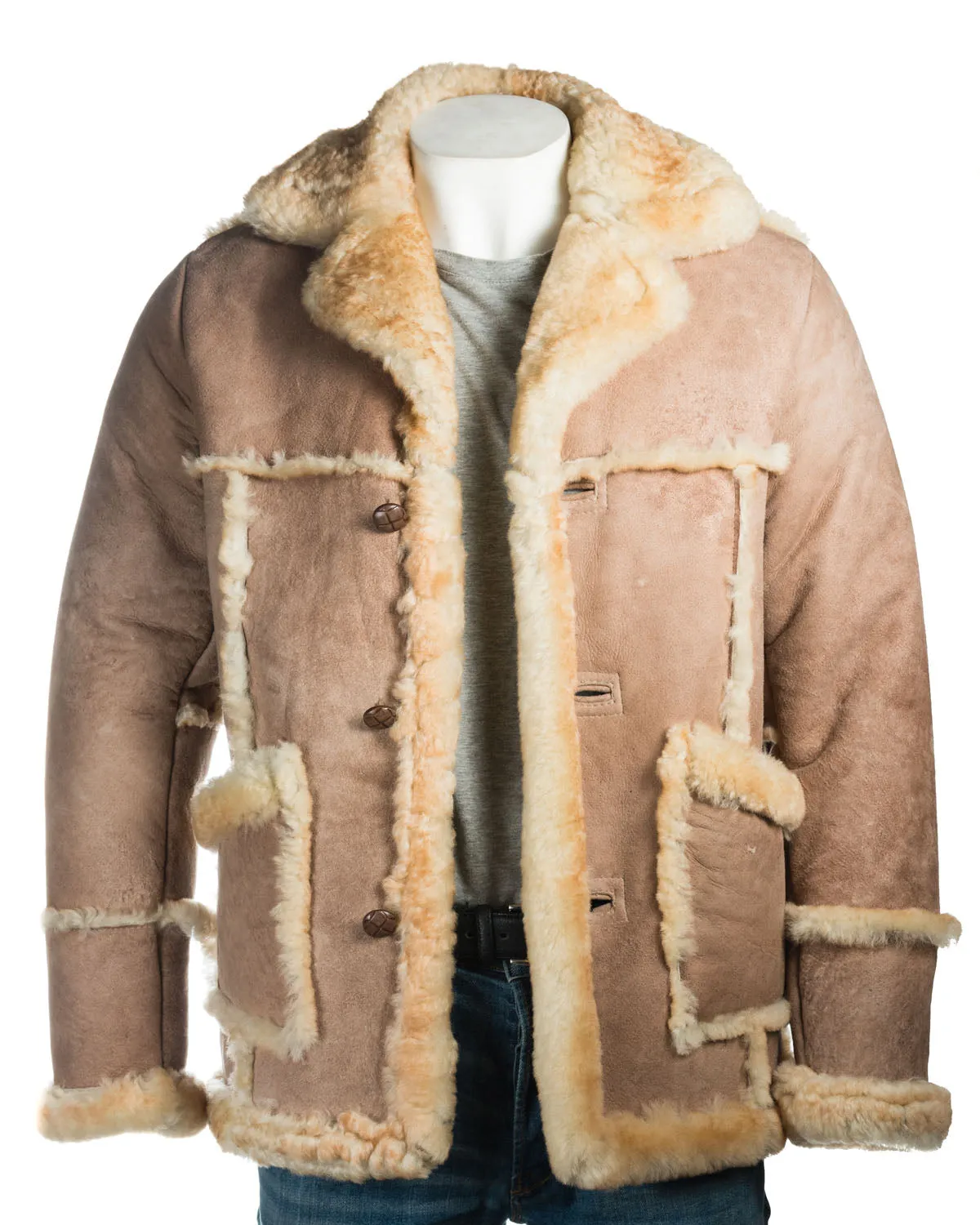 Men's Natural Beige Shearling Sheepskin Coat - Juan