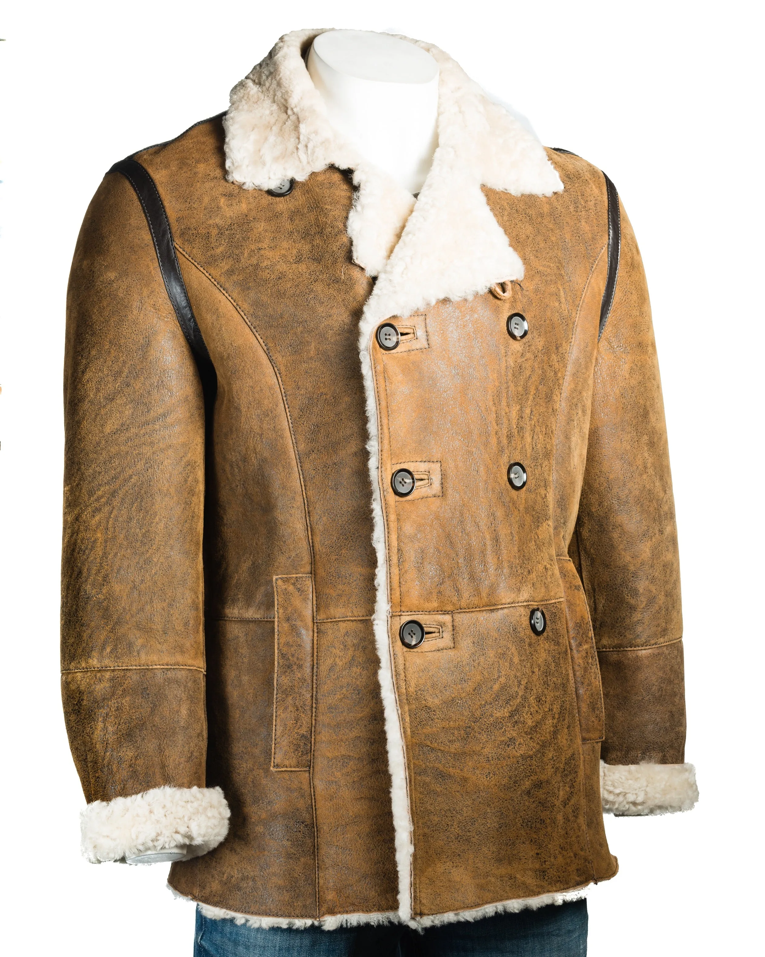 Men's Weathered Tan Double Breasted Shearling Sheepskin Button-Up Coat: Rafael