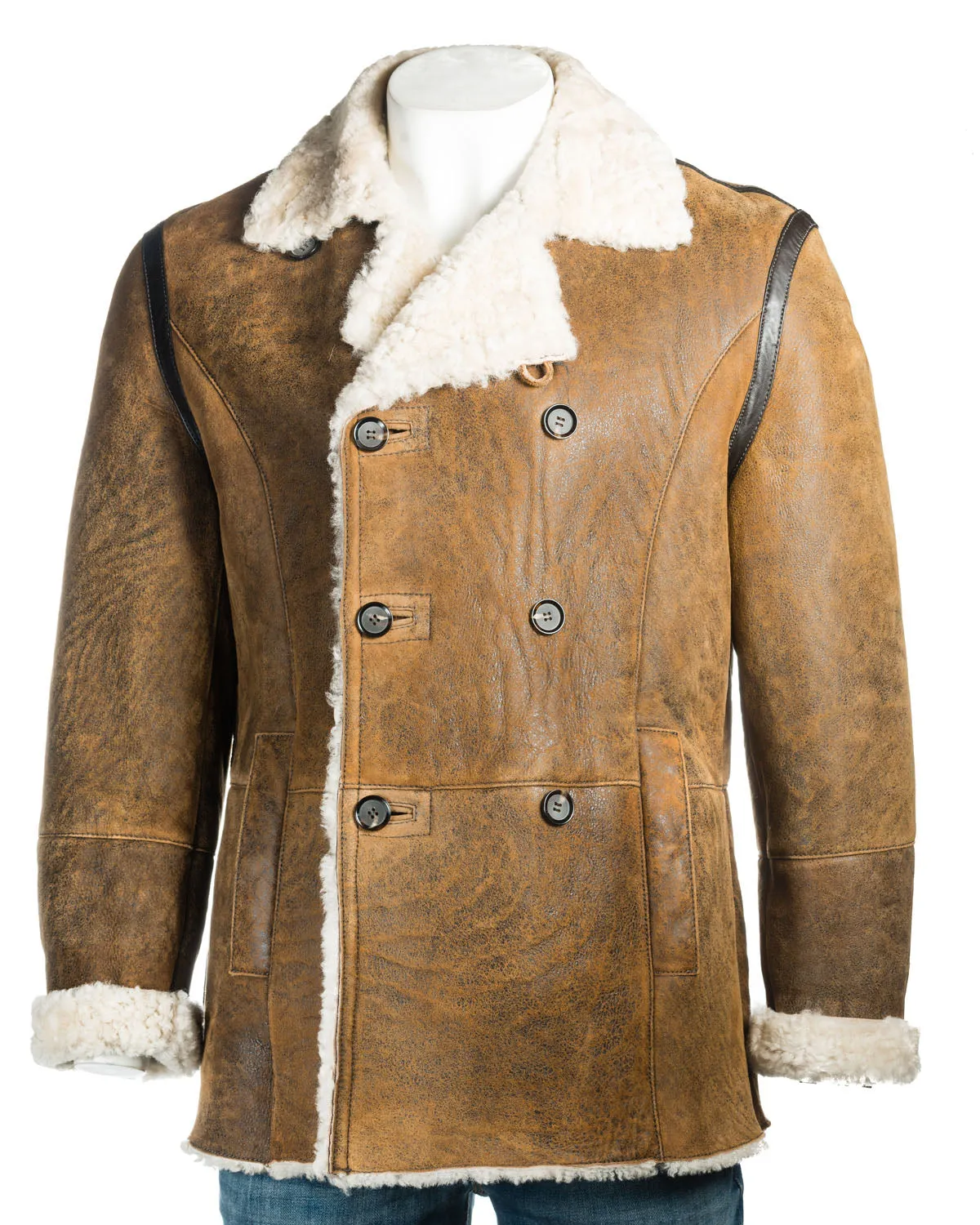 Men's Weathered Tan Double Breasted Shearling Sheepskin Button-Up Coat: Rafael