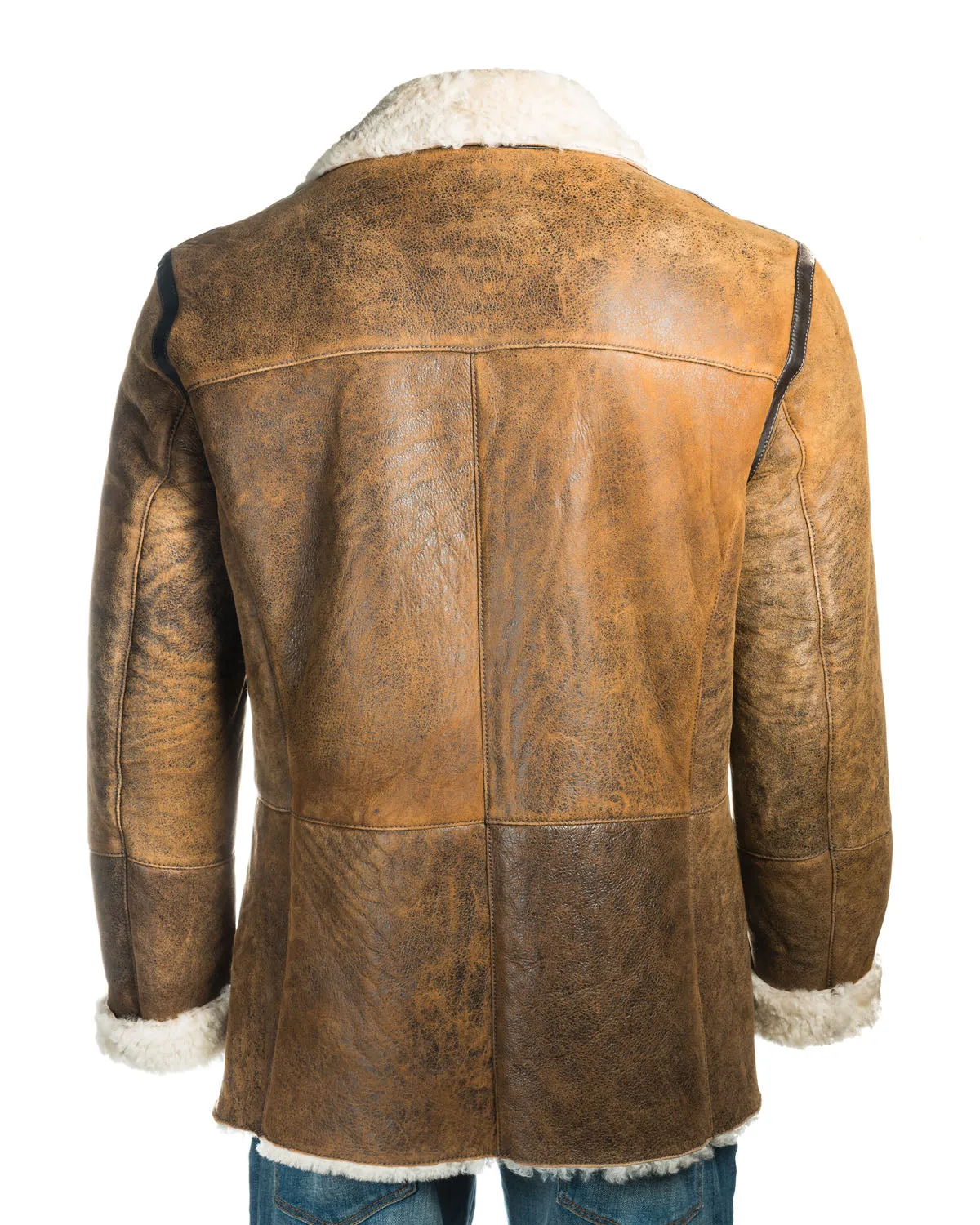 Men's Weathered Tan Double Breasted Shearling Sheepskin Button-Up Coat: Rafael