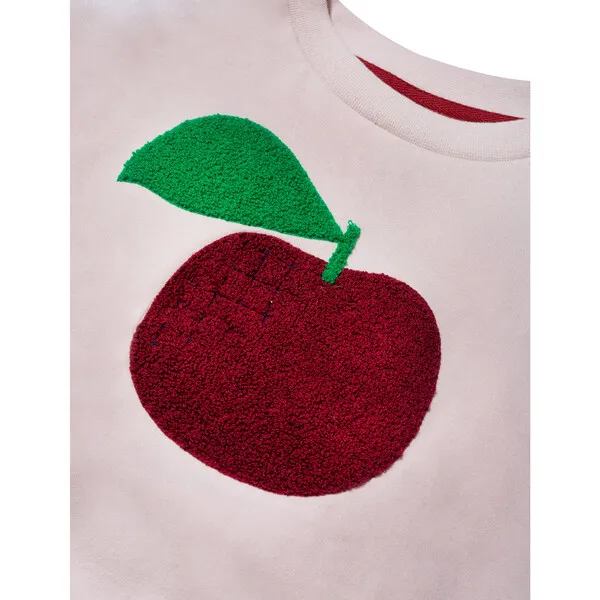 Mon Coeur Red Apple Print Ribbed Neck Drop Shoulder Sweatshirt, Pink