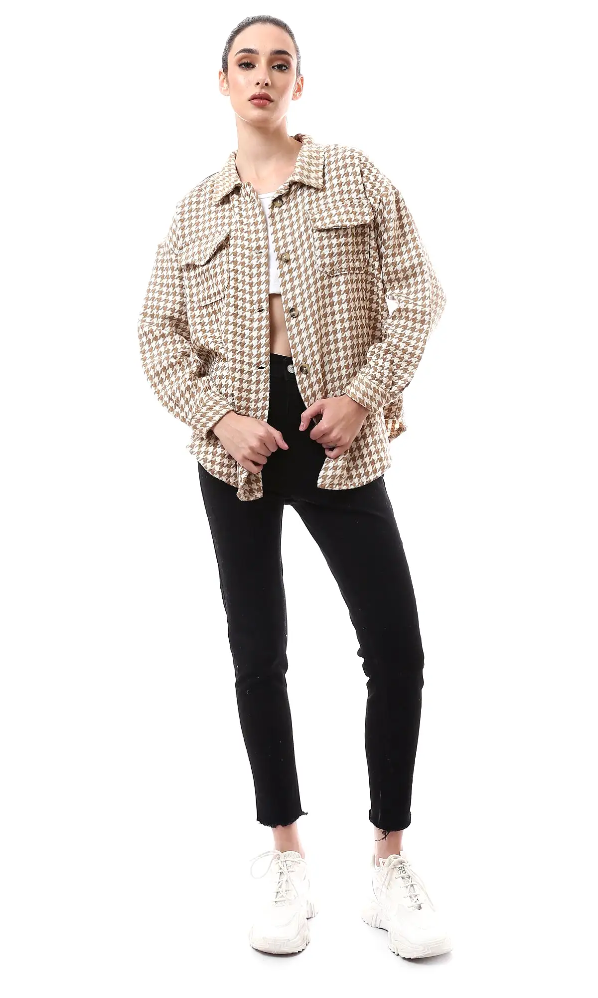 O176250 Beige & Brown Houndstooth Relaxed Fit Shirt