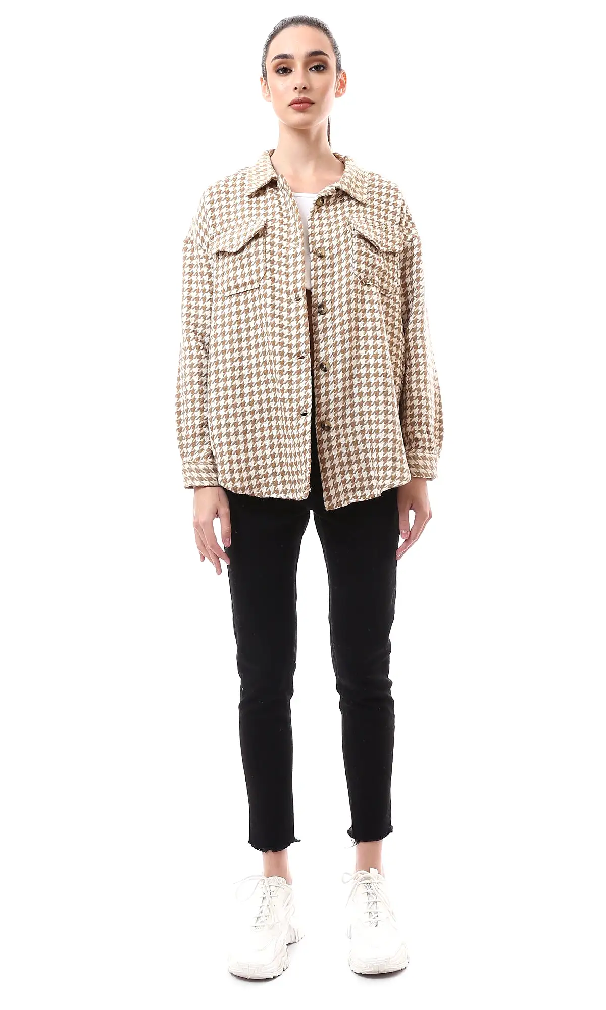 O176250 Beige & Brown Houndstooth Relaxed Fit Shirt