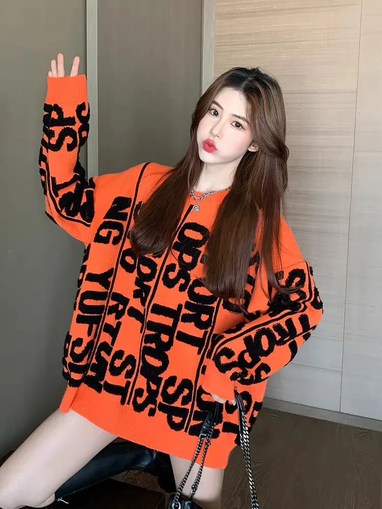 Orange outer sweater women's loose Korean style top coat mid-length large size autumn and winter thickened sweater T2372