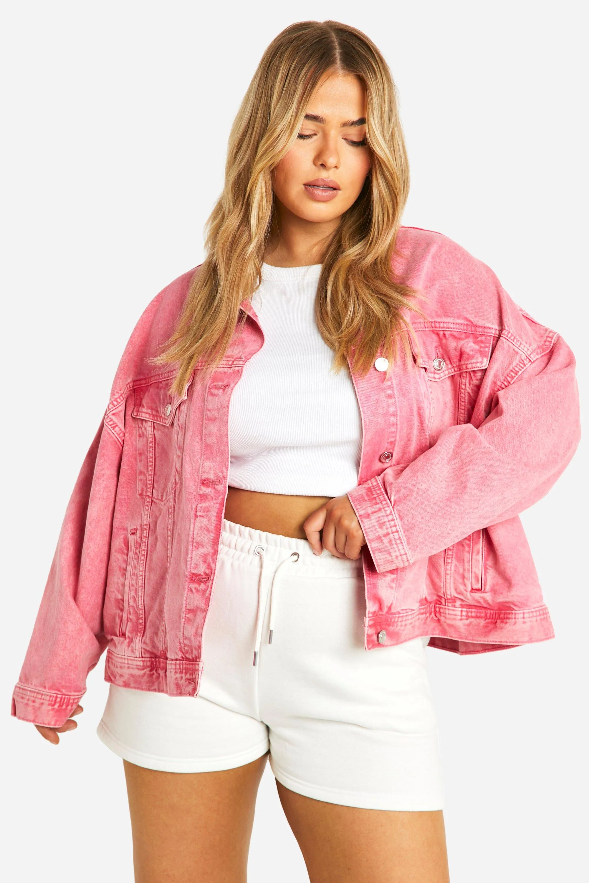 Plus Pink Acid Wash Denim Jacket