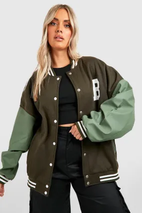 Plus Varsity Pu Sleeve Bomber Jacket