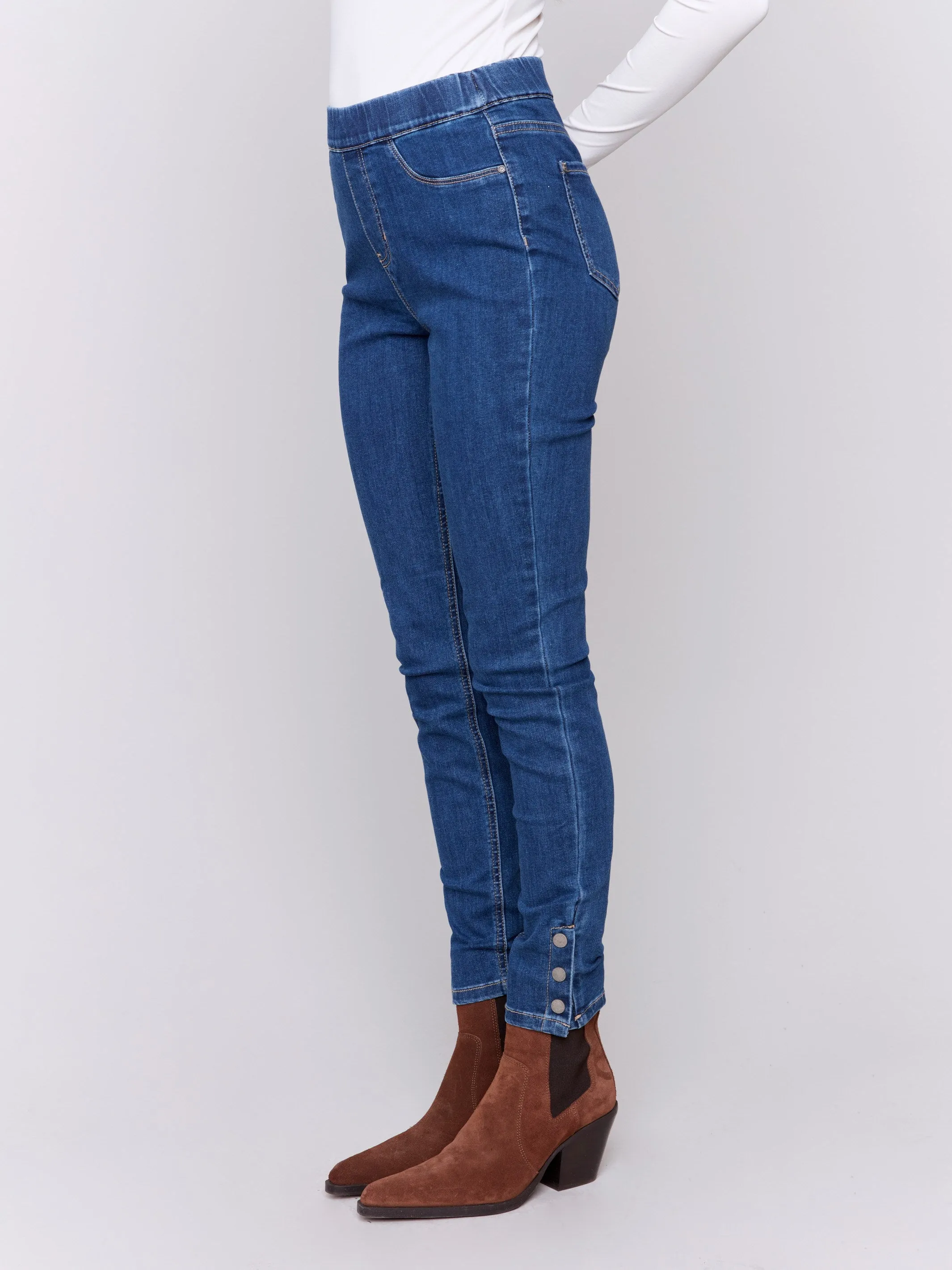 Pull-On Jeans with Snap Button Hem - Indigo