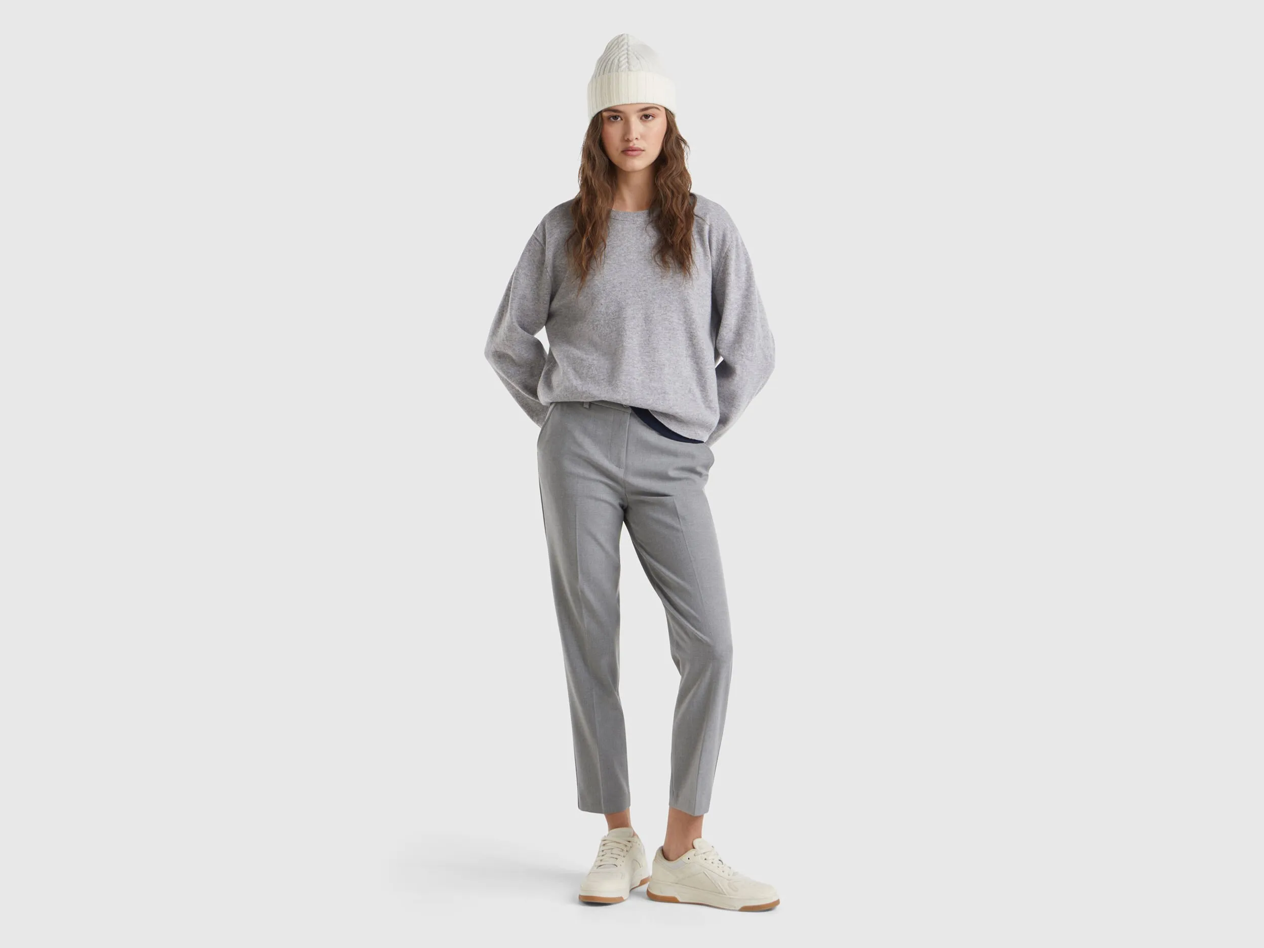 Relaxed fit pure Merino wool sweater - Light Gray | Benetton