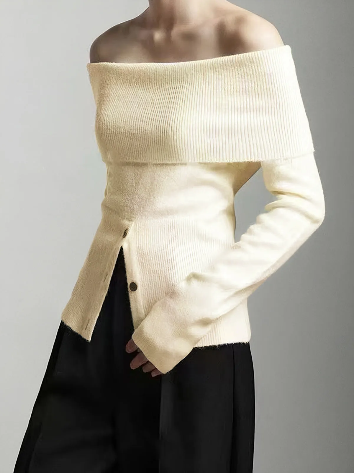 Ribbed Off-Shoulder Slit Cozy Sweater