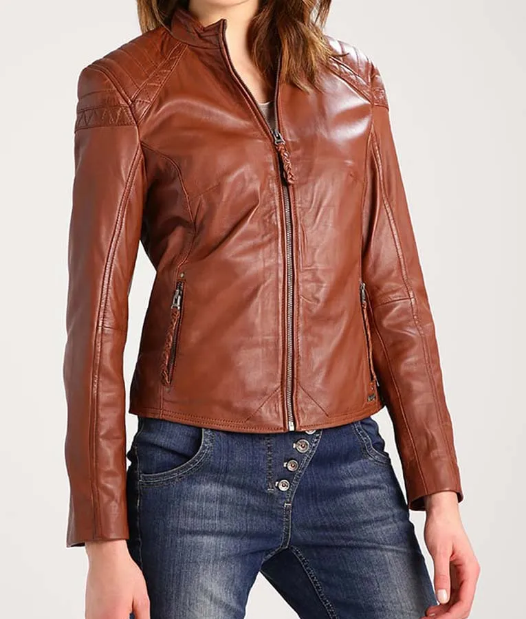 Shop Women’s Brown Cafe Racer Leather Jacket | Abbraci