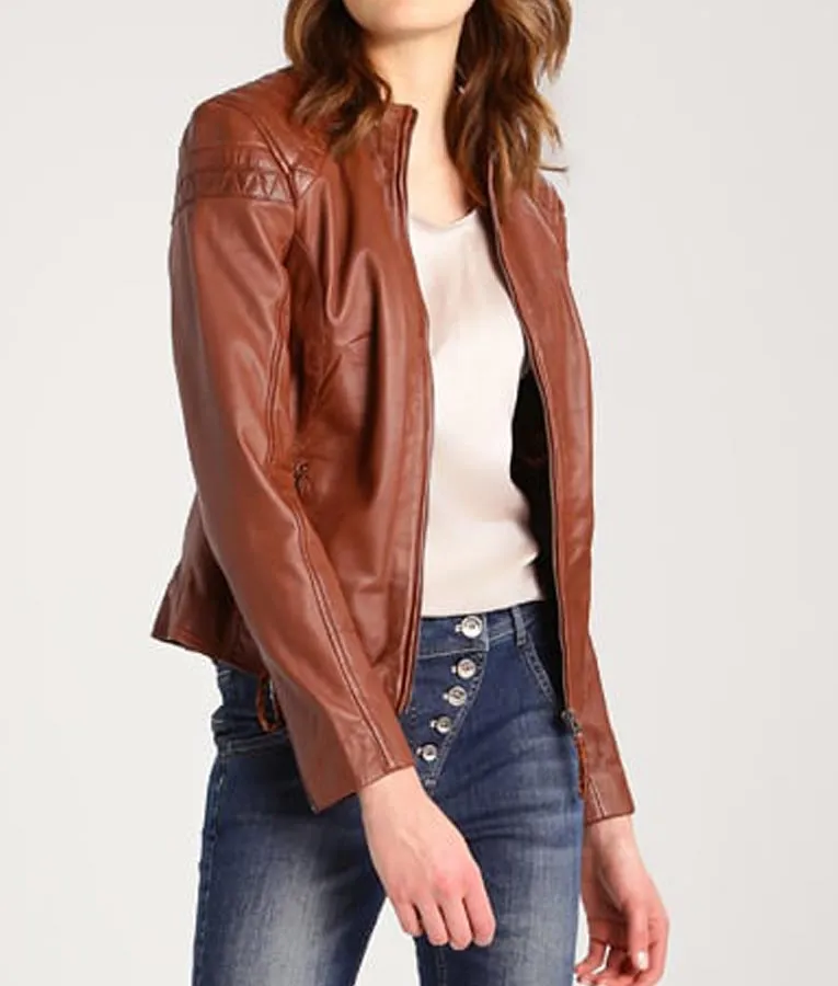 Shop Women’s Brown Cafe Racer Leather Jacket | Abbraci