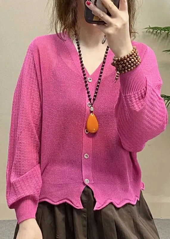 Simple Pink V Neck Button Ice Silk UPF 50+ Coat Summer