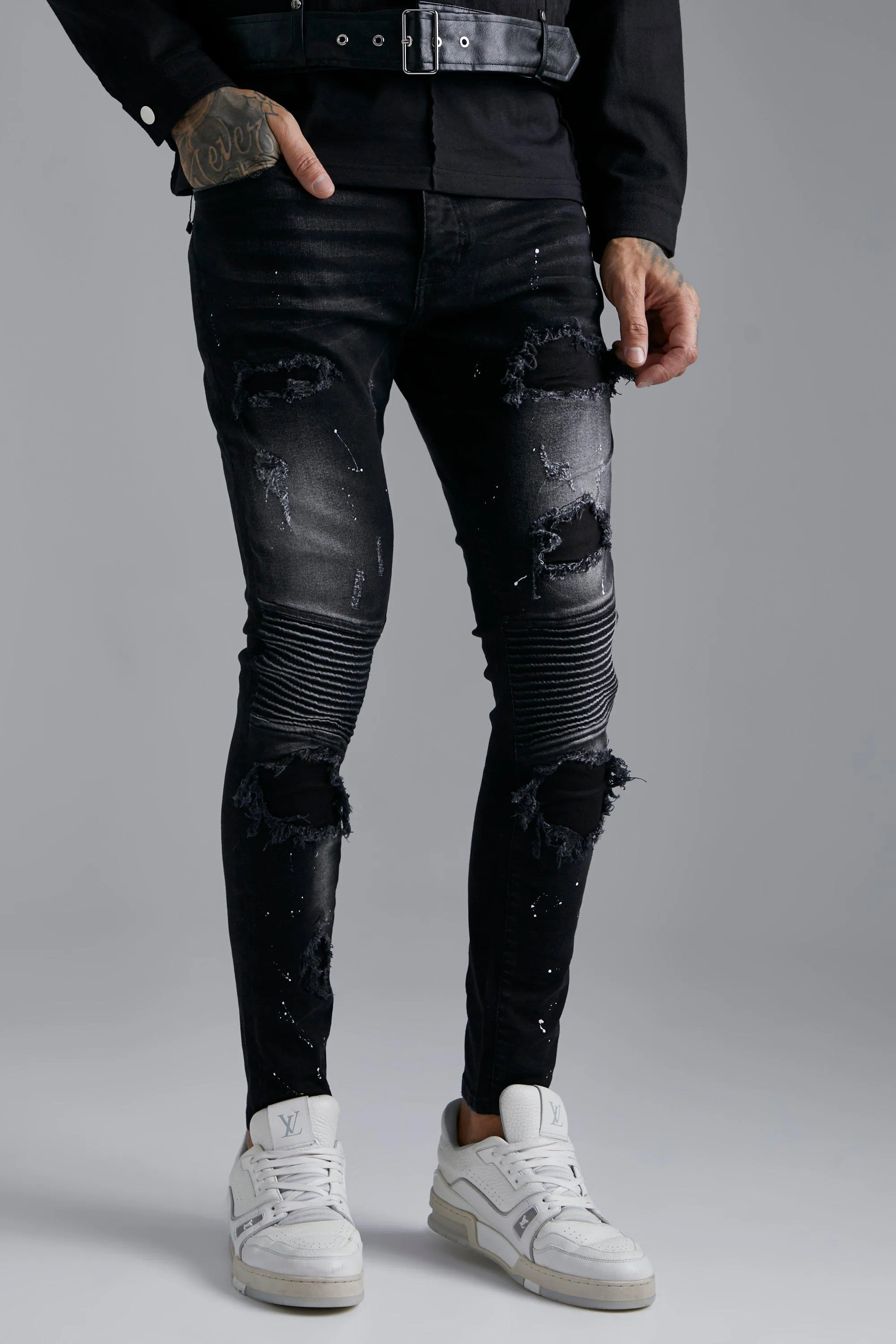 Skinny Stretch Rip & Repair Biker Jeans | boohooMAN UK