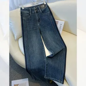 Straight-leg jeans for women spring and autumn 2024 new style small high-waisted American design spliced narrow wide-leg pants