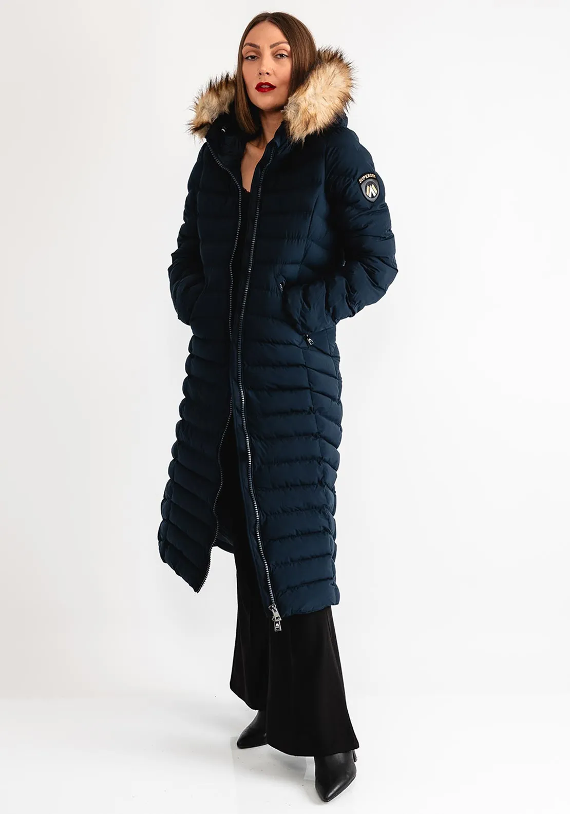 Superdry Fuji Faux Fur Hood Longline Coat, Navy