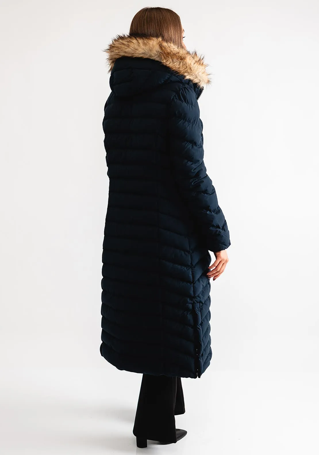 Superdry Fuji Faux Fur Hood Longline Coat, Navy