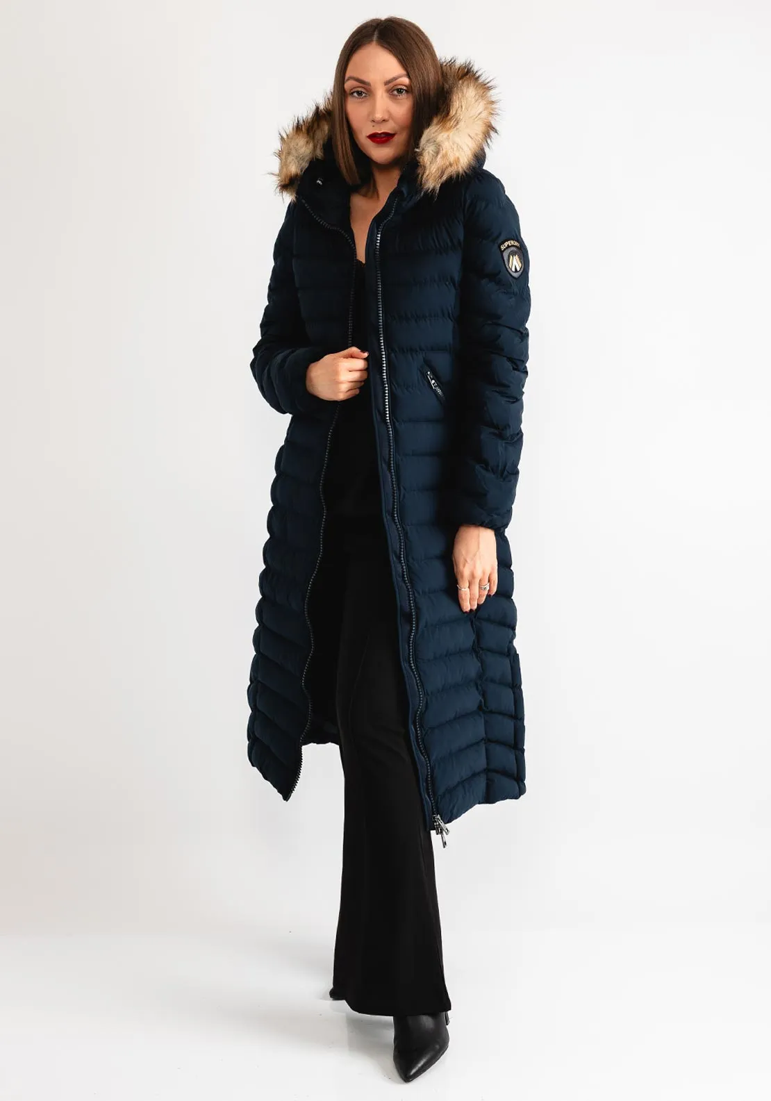 Superdry Fuji Faux Fur Hood Longline Coat, Navy