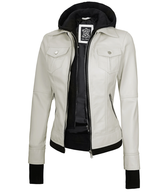 Tralee Women's Bomber Off White Real Leather Jacket with Hood