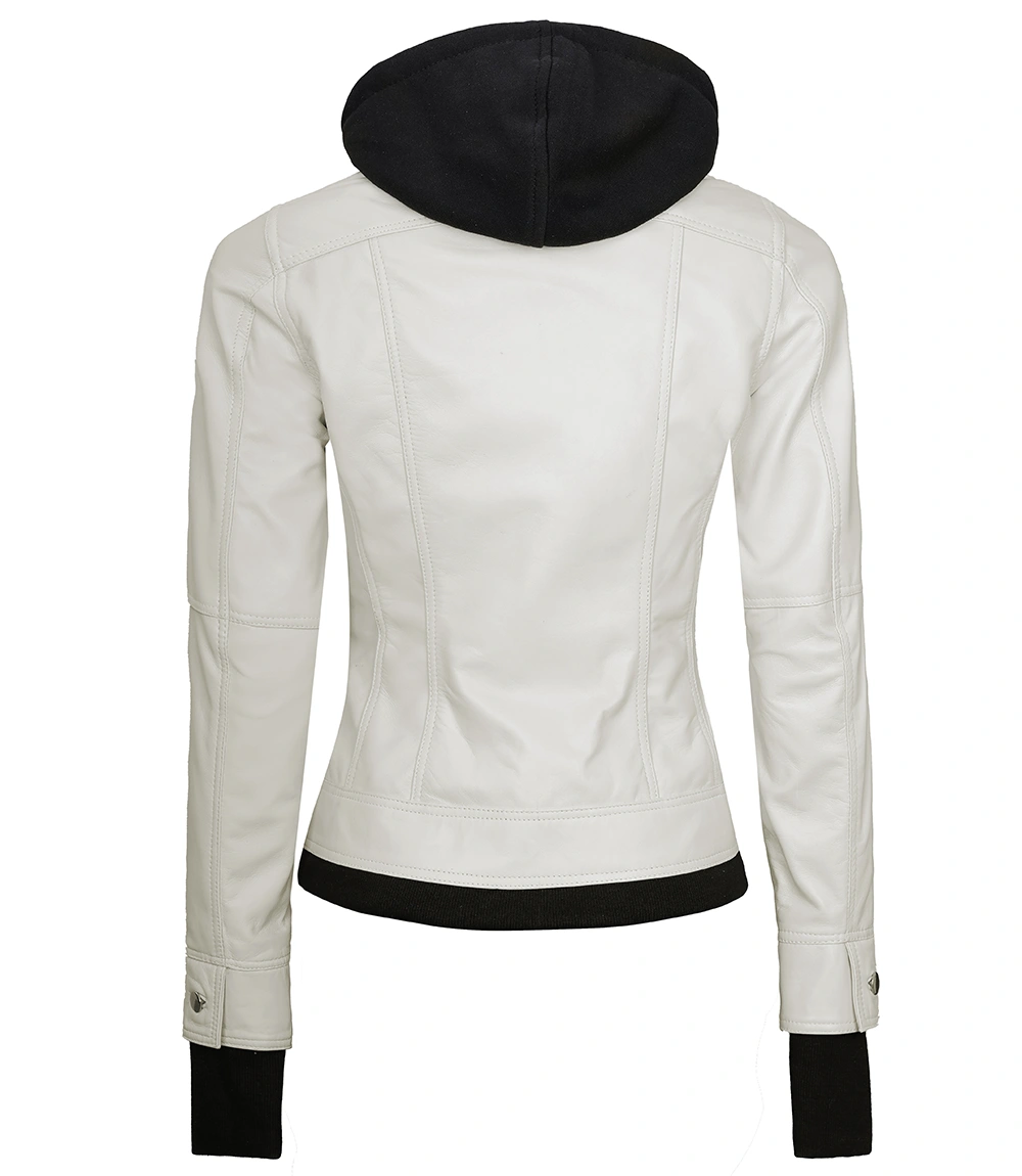 Tralee Women's Bomber Off White Real Leather Jacket with Hood