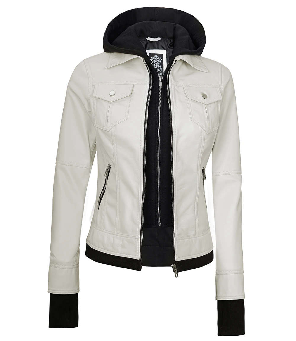 Tralee Women's Bomber Off White Real Leather Jacket with Hood