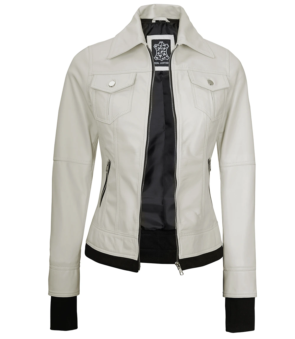 Tralee Women's Bomber Off White Real Leather Jacket with Hood