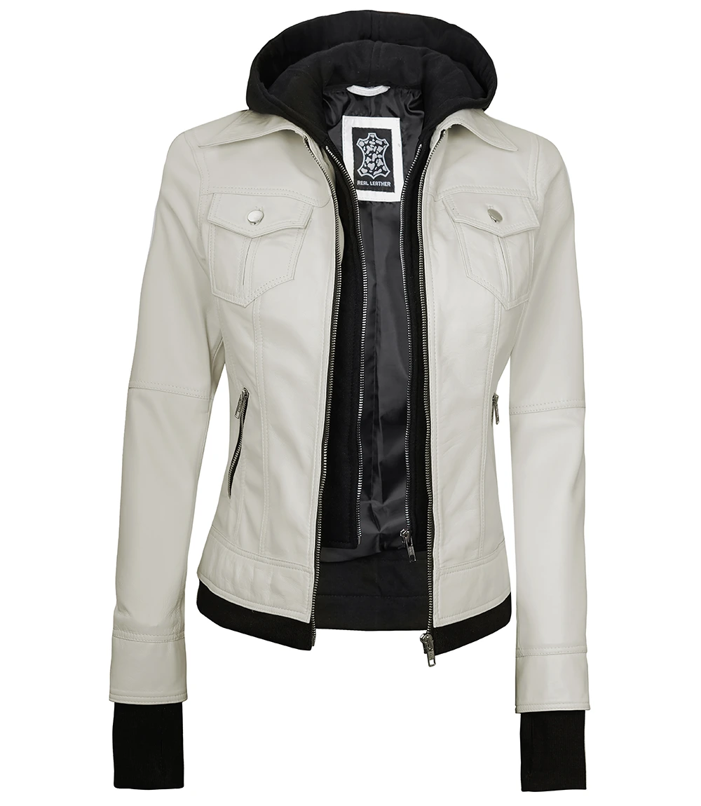 Tralee Women's Bomber Off White Real Leather Jacket with Hood