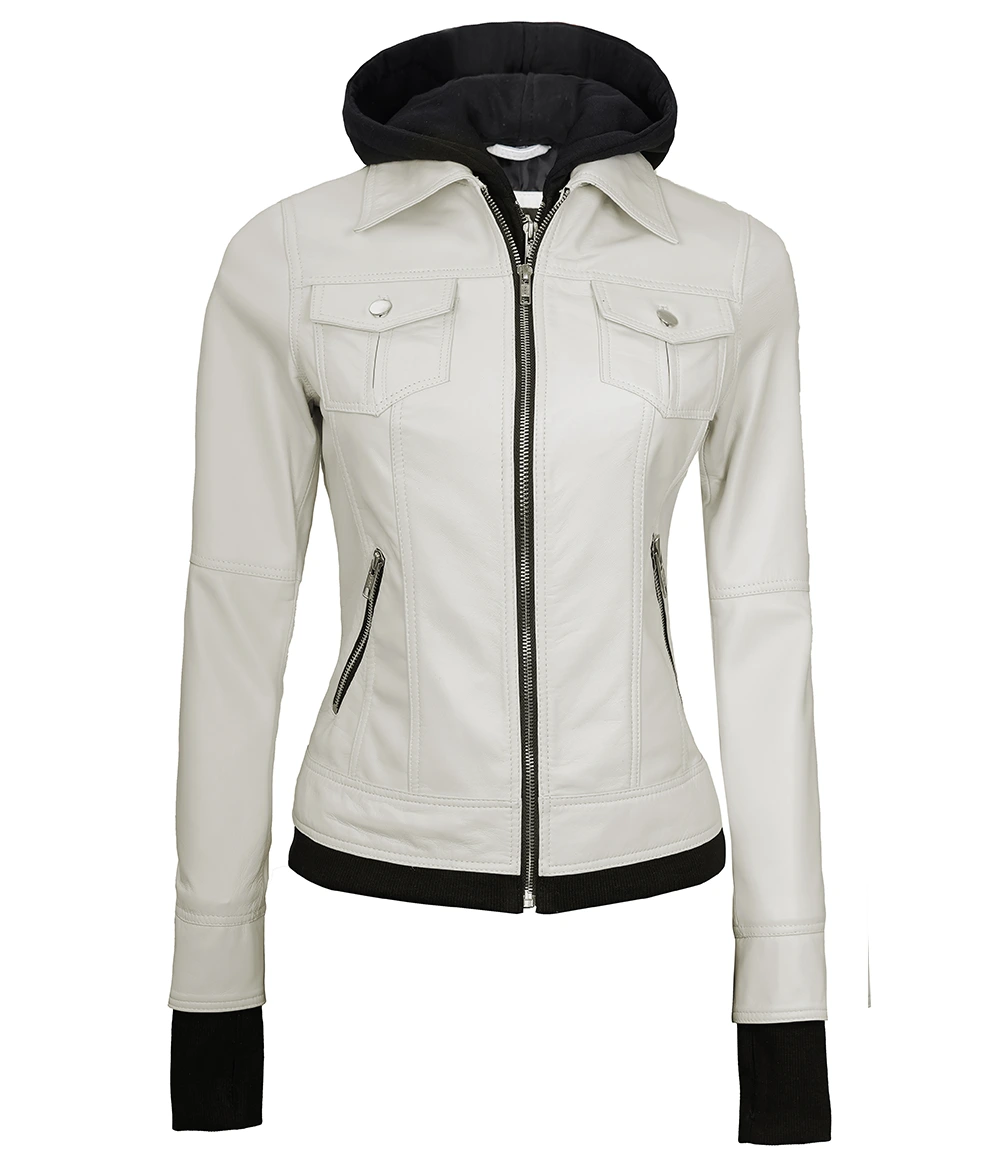 Tralee Women's Bomber Off White Real Leather Jacket with Hood