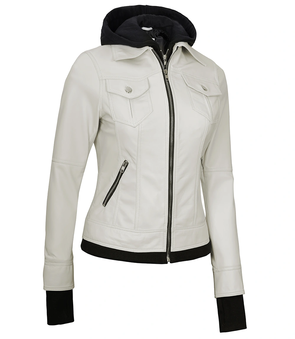 Tralee Women's Bomber Off White Real Leather Jacket with Hood