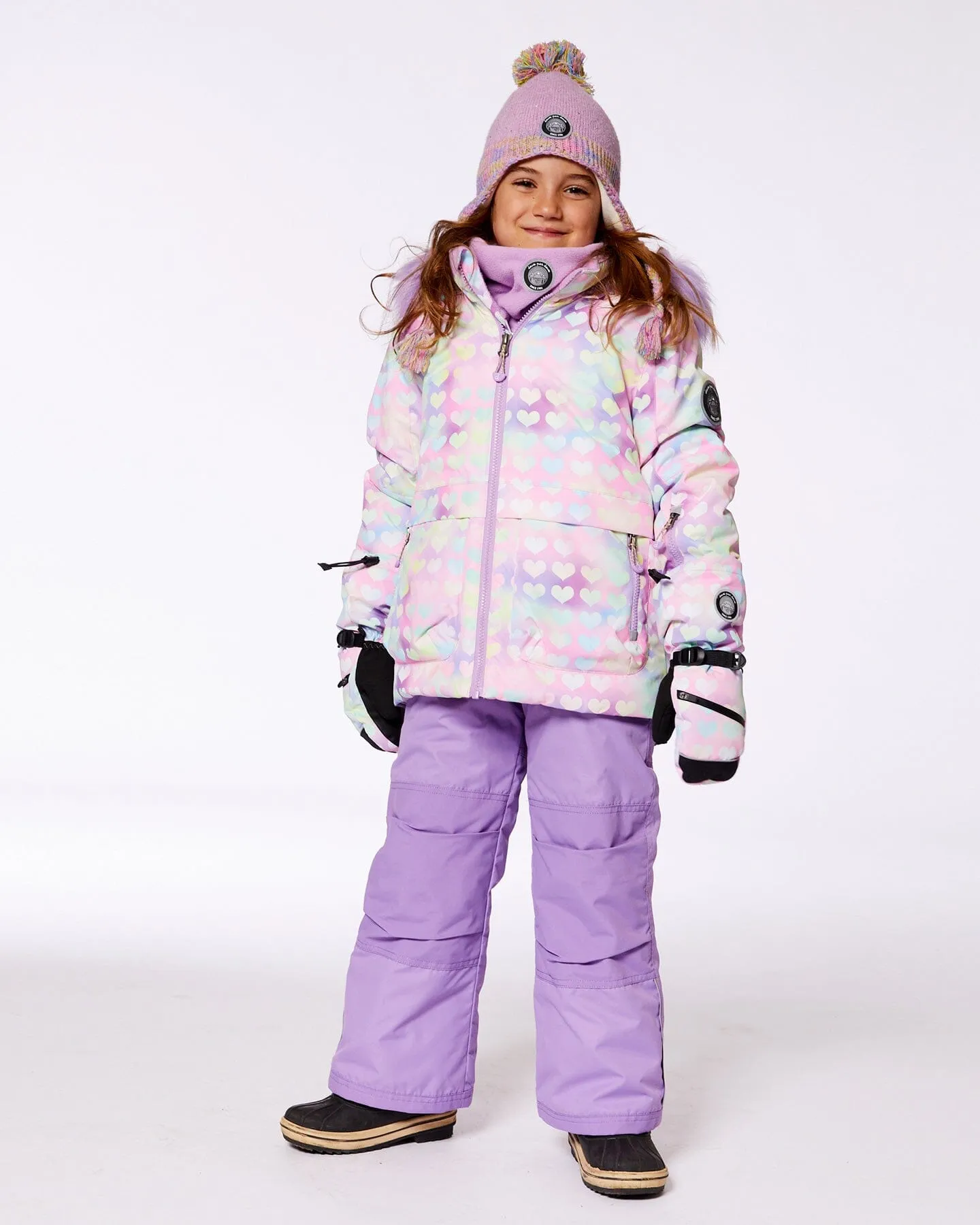 Two Piece Snowsuit Solid Pant Lilac With Jacket Printed Hearts