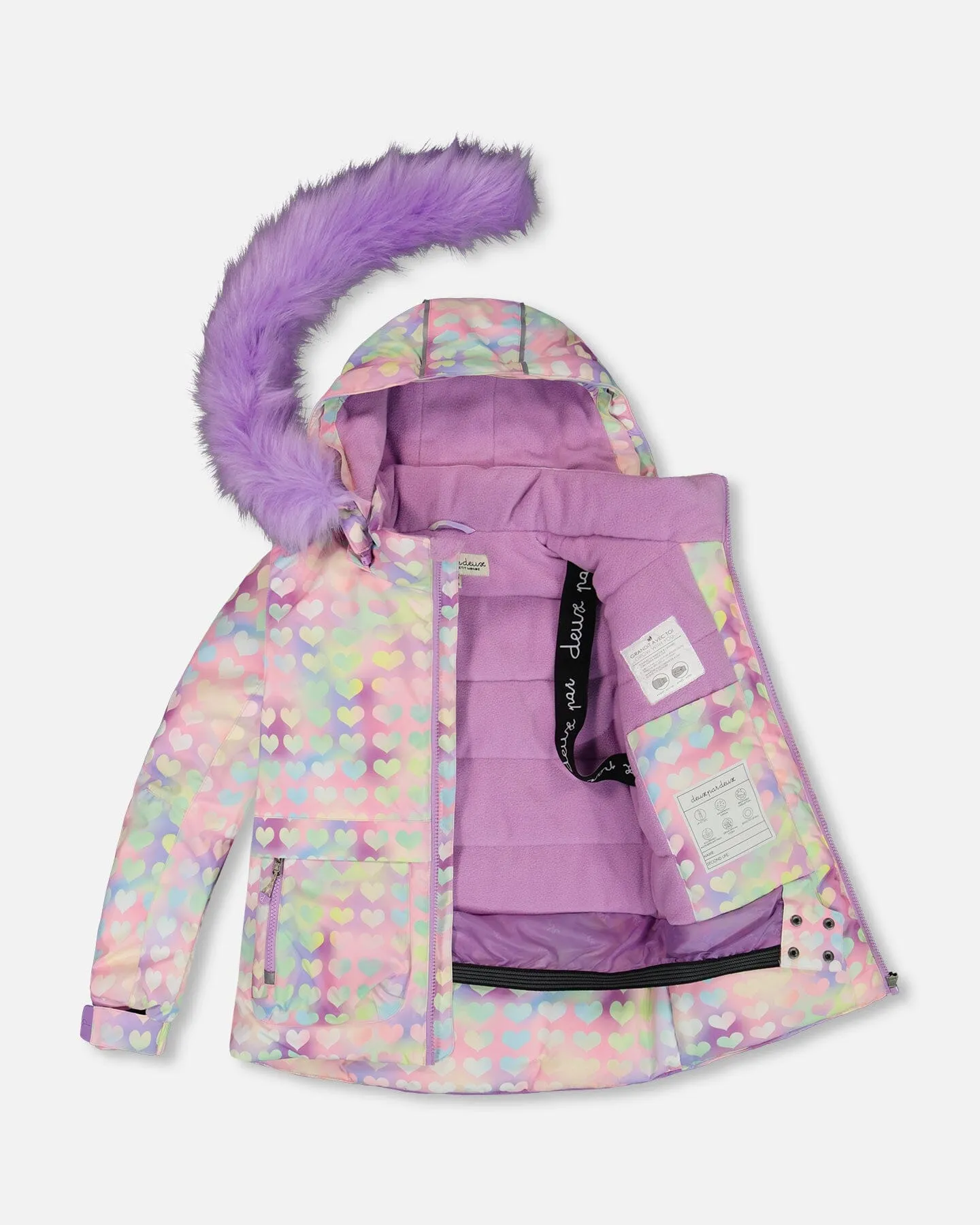 Two Piece Snowsuit Solid Pant Lilac With Jacket Printed Hearts