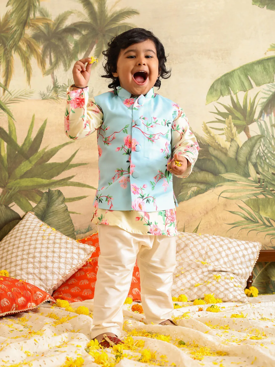 VASTRAMAY Boys Aqua Blue Floral Printed Nehru Jacket