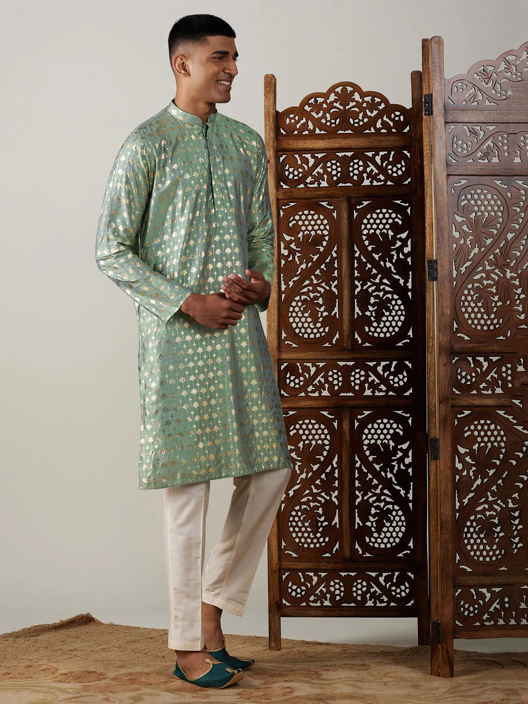 VASTRAMAY Men's Light Green Foil Printed Kurta With Cream Pant Style Pyjama Set